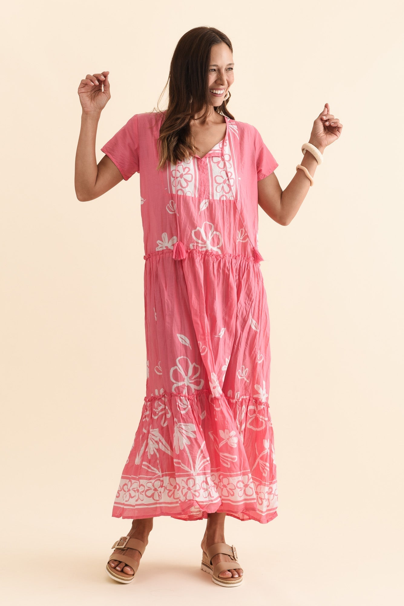 Nona Pink Flower Crinkle Cotton Maxi Dress