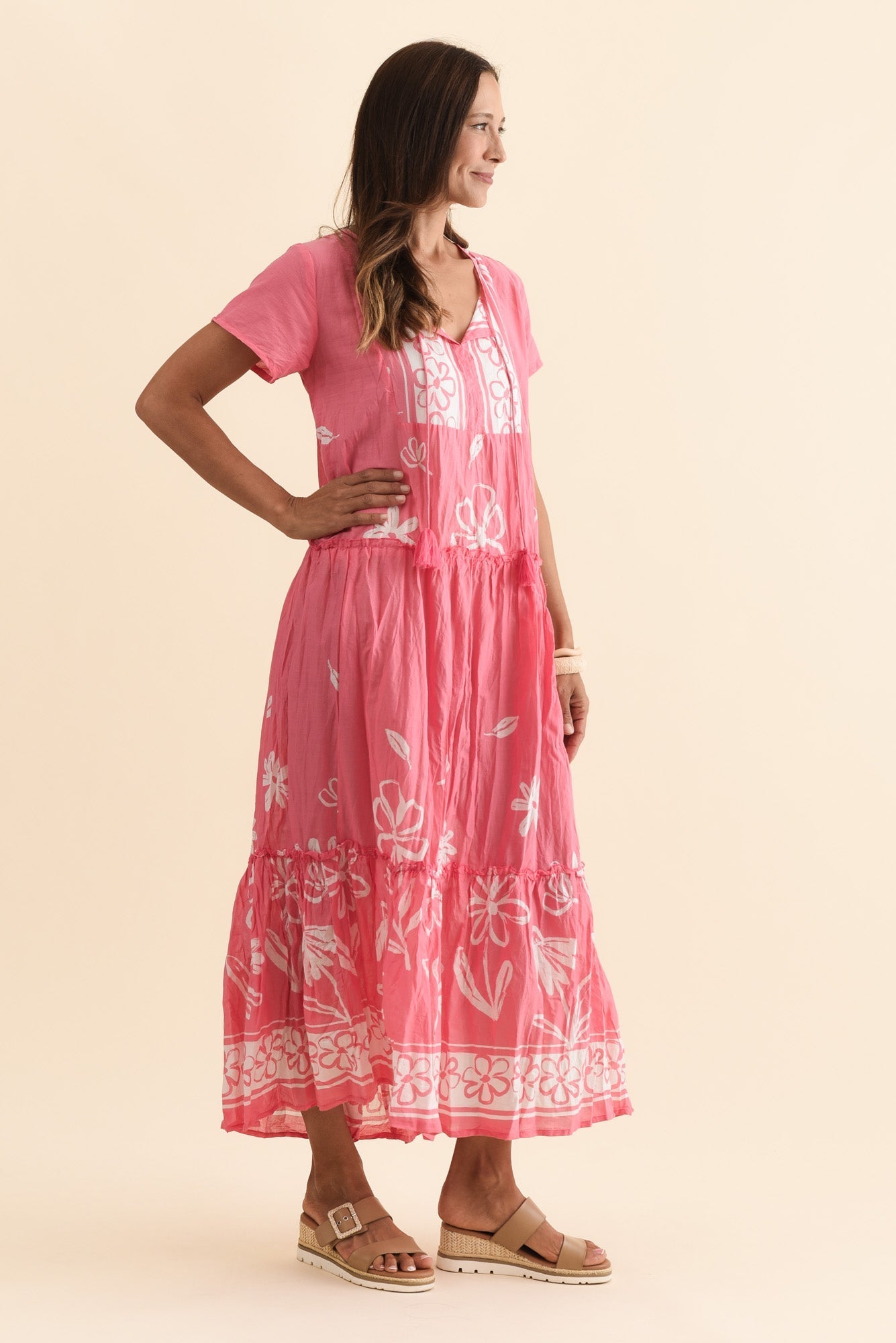Nona Pink Flower Crinkle Cotton Maxi Dress