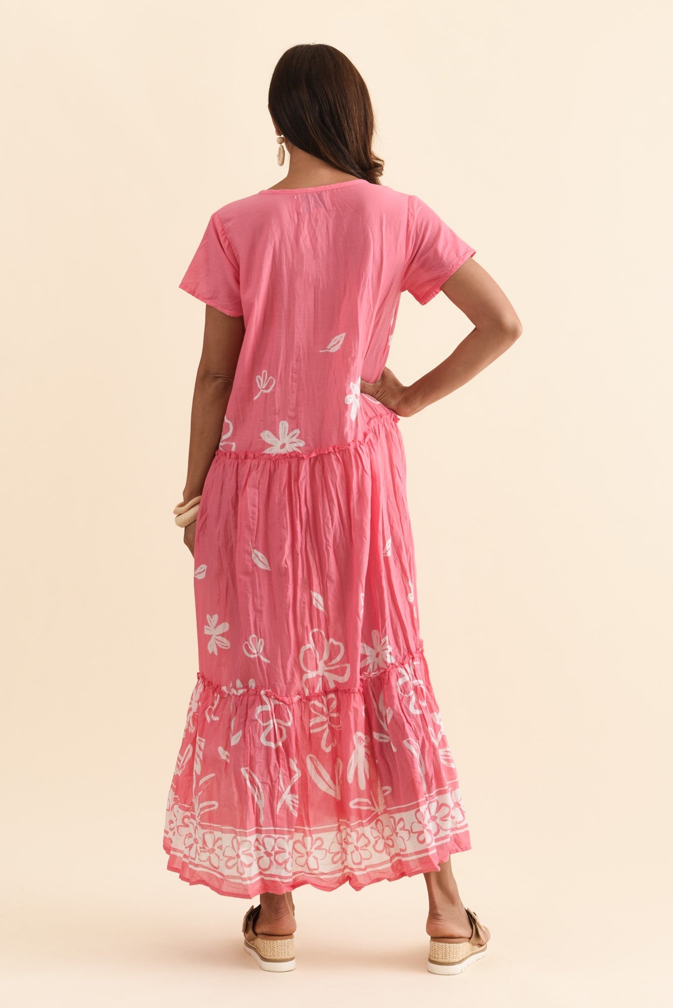 Nona Pink Flower Crinkle Cotton Maxi Dress