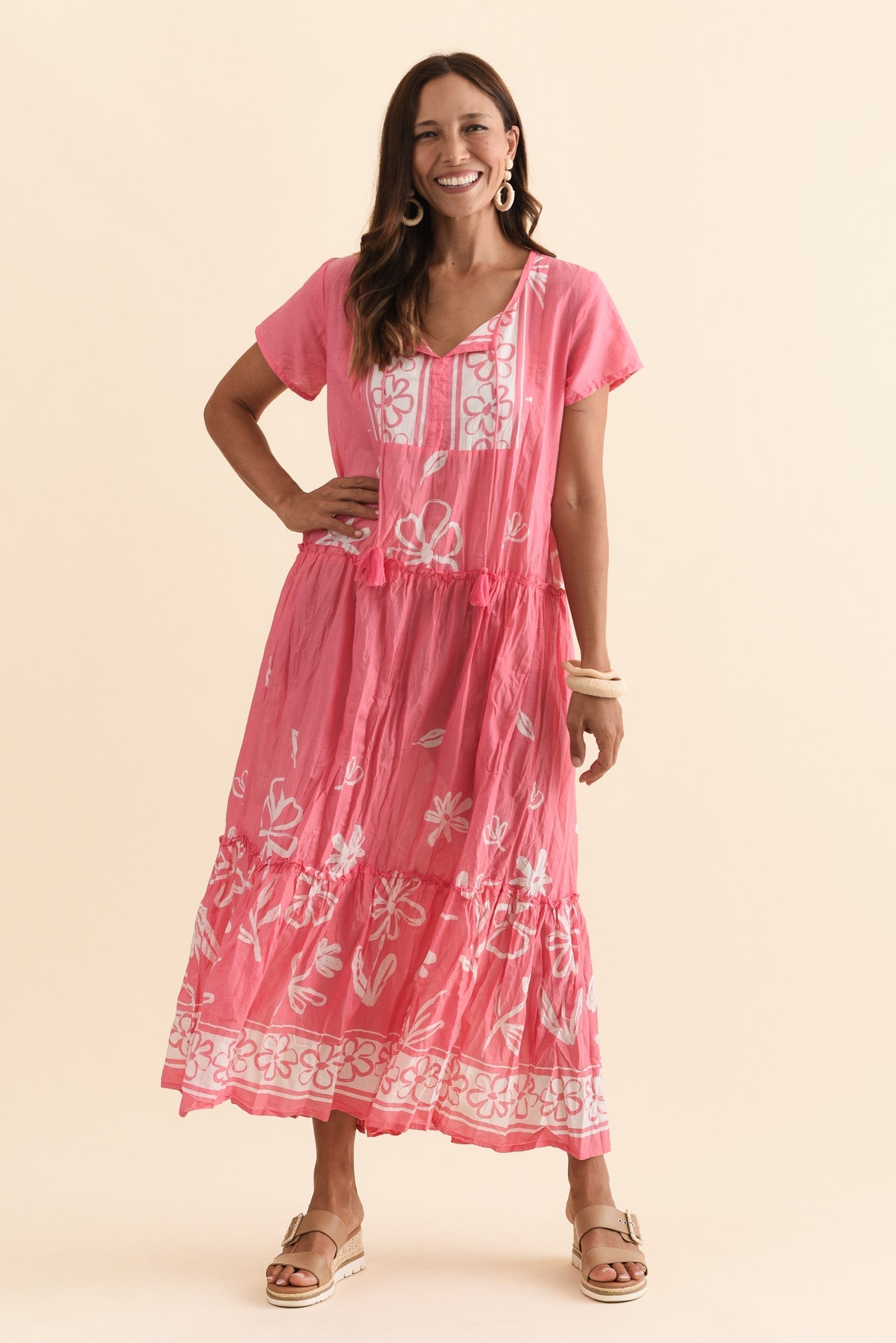 Nona Pink Flower Crinkle Cotton Maxi Dress