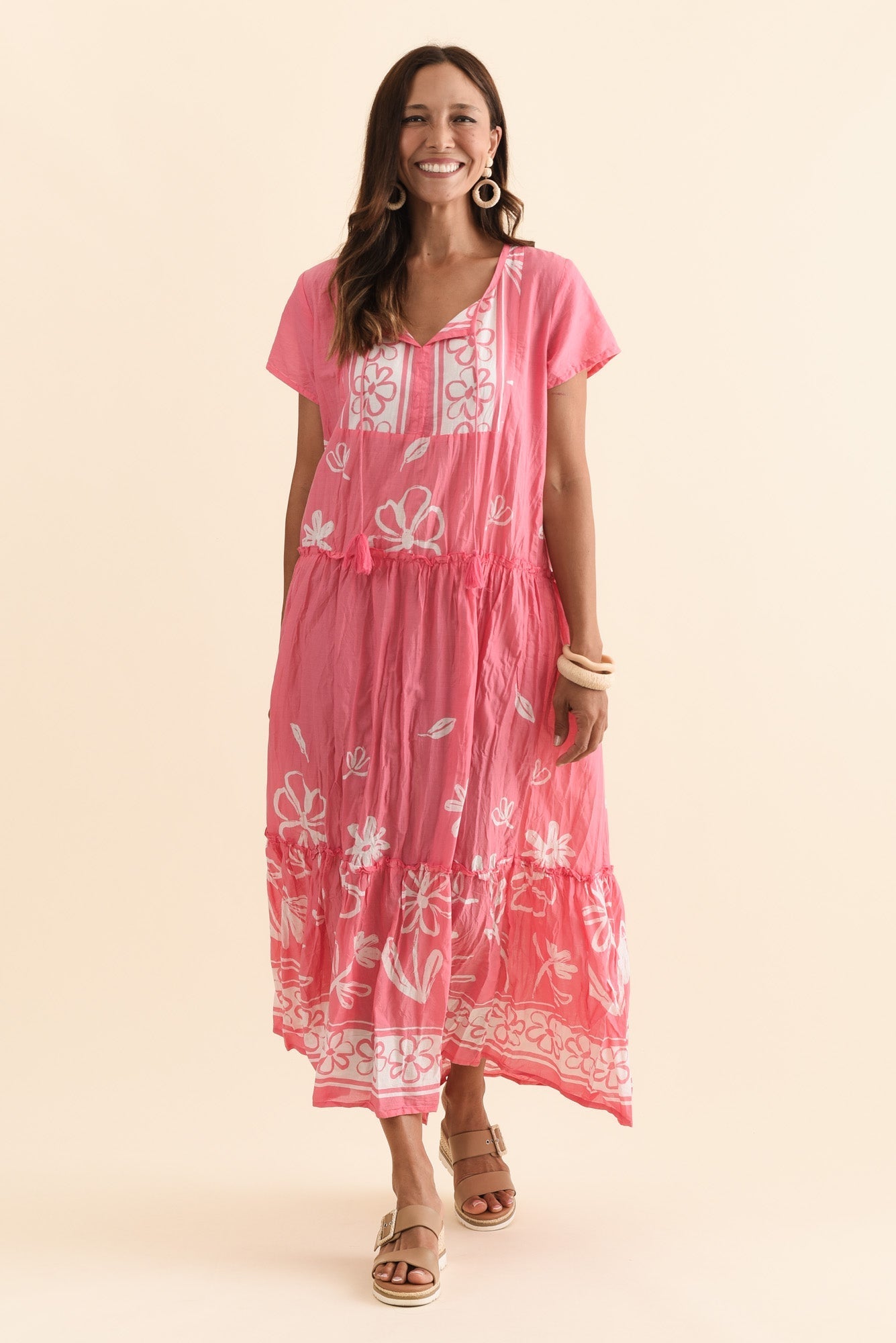 Nona Pink Flower Crinkle Cotton Maxi Dress