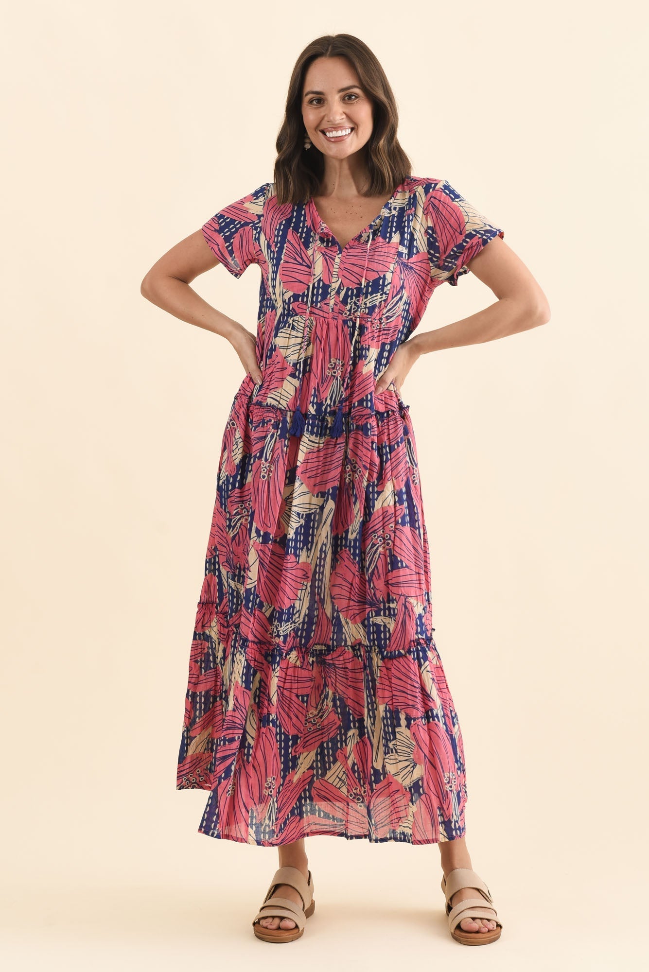 Nona Pink Lily Crinkle Cotton Maxi Dress