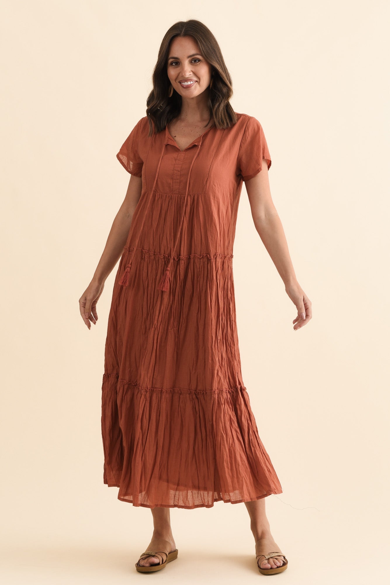 Nona Rust Crinkle Cotton Maxi Dress