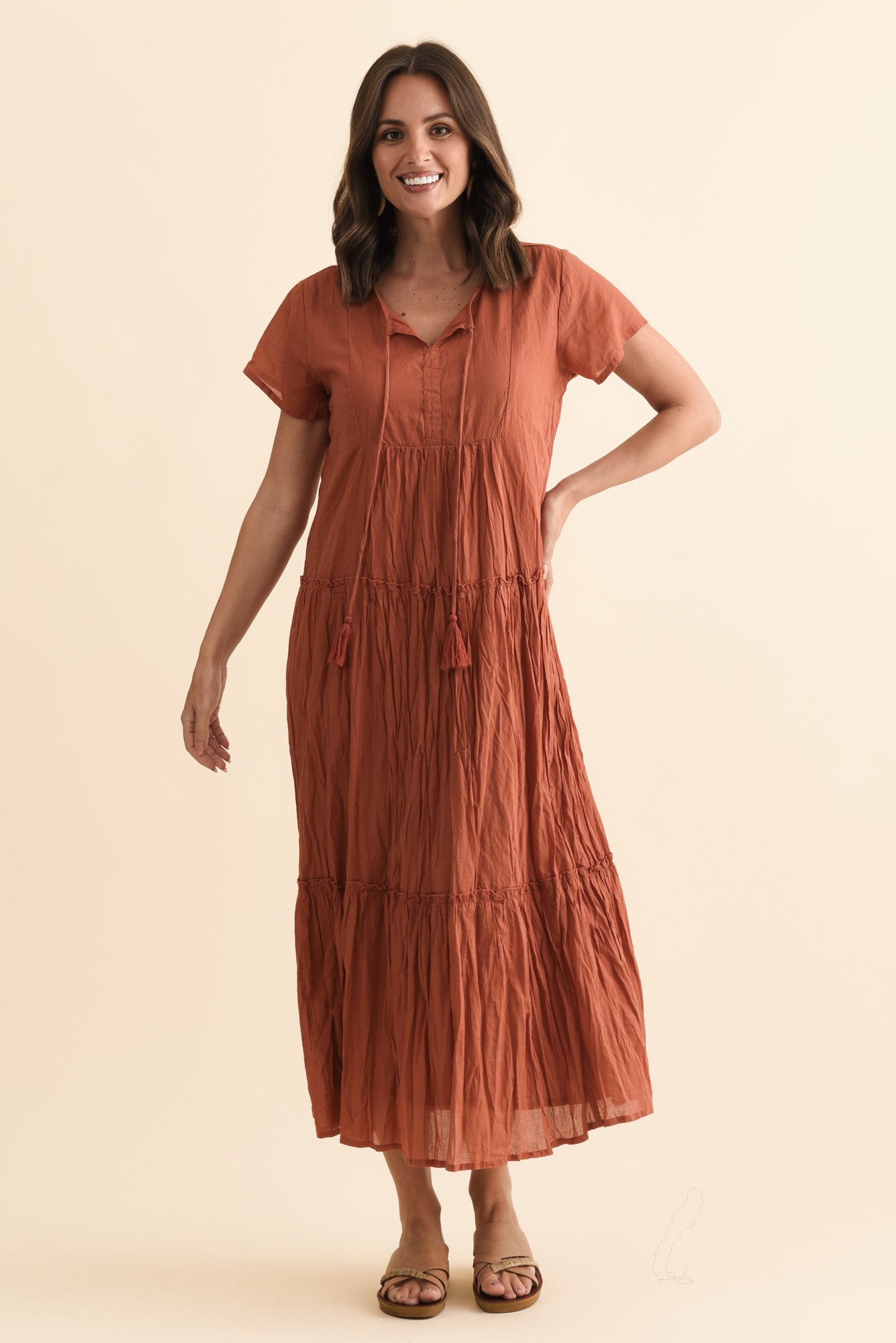 Nona Rust Crinkle Cotton Maxi Dress