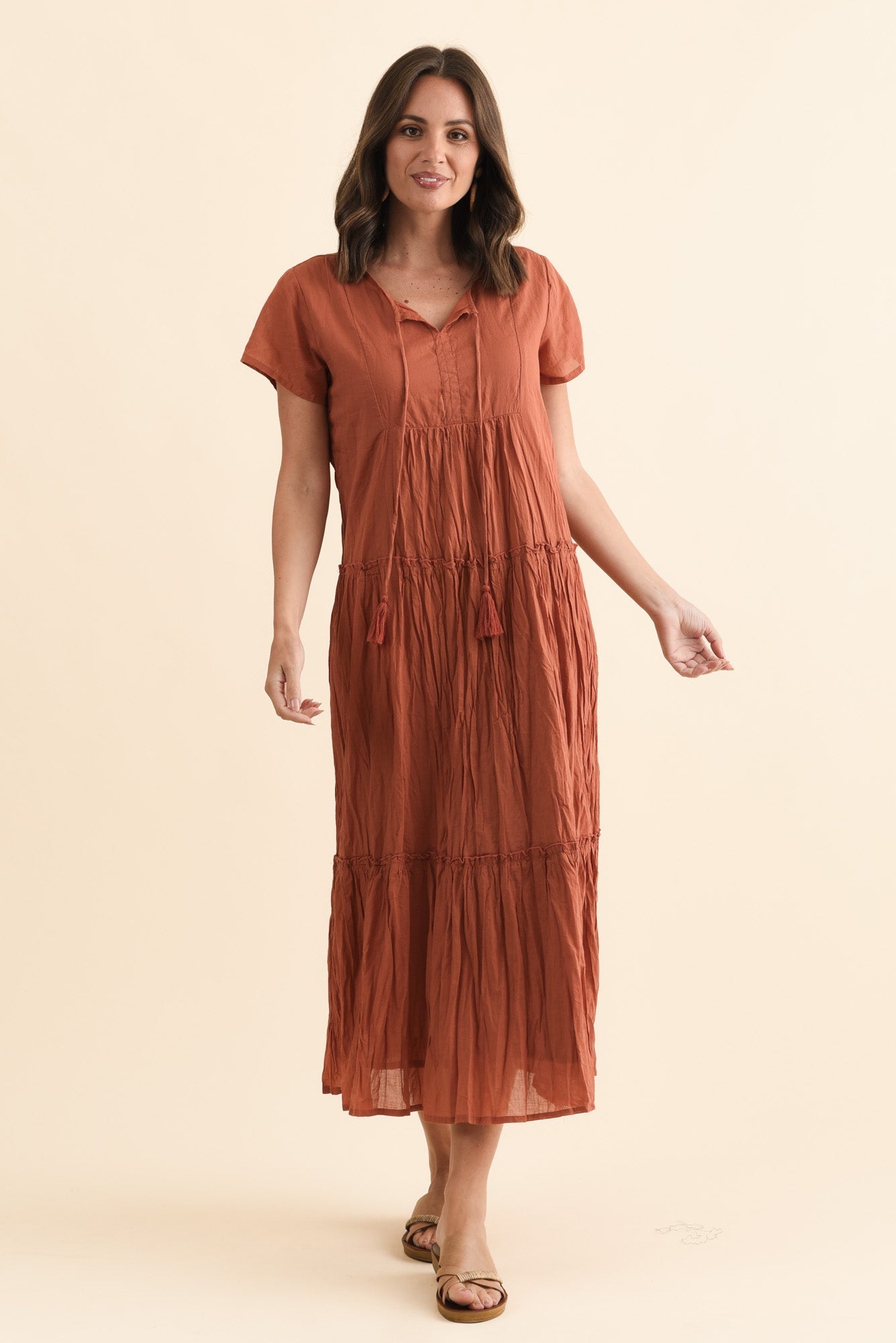Nona Rust Crinkle Cotton Maxi Dress