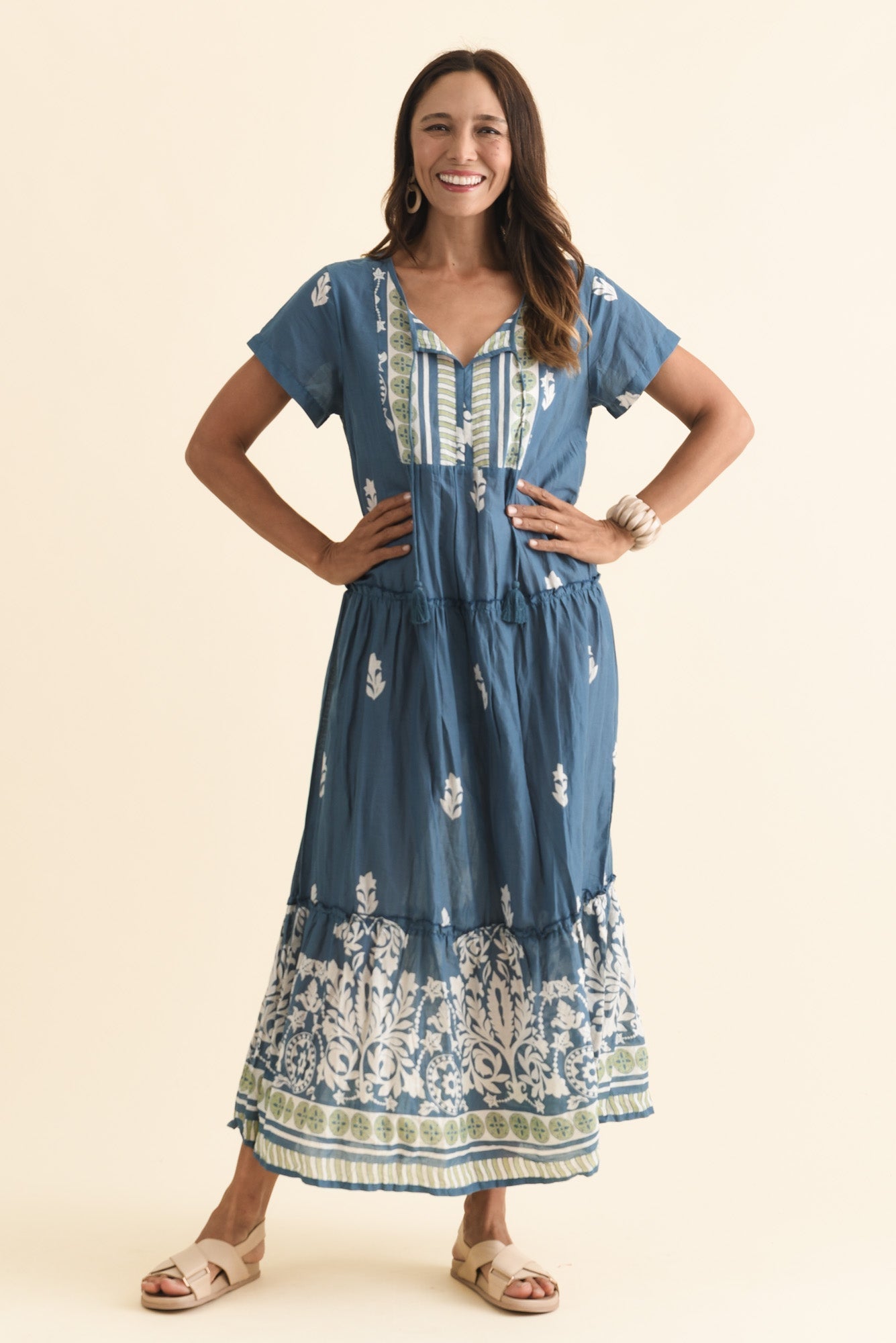 Nona Steel Abstract Crinkle Cotton Maxi Dress