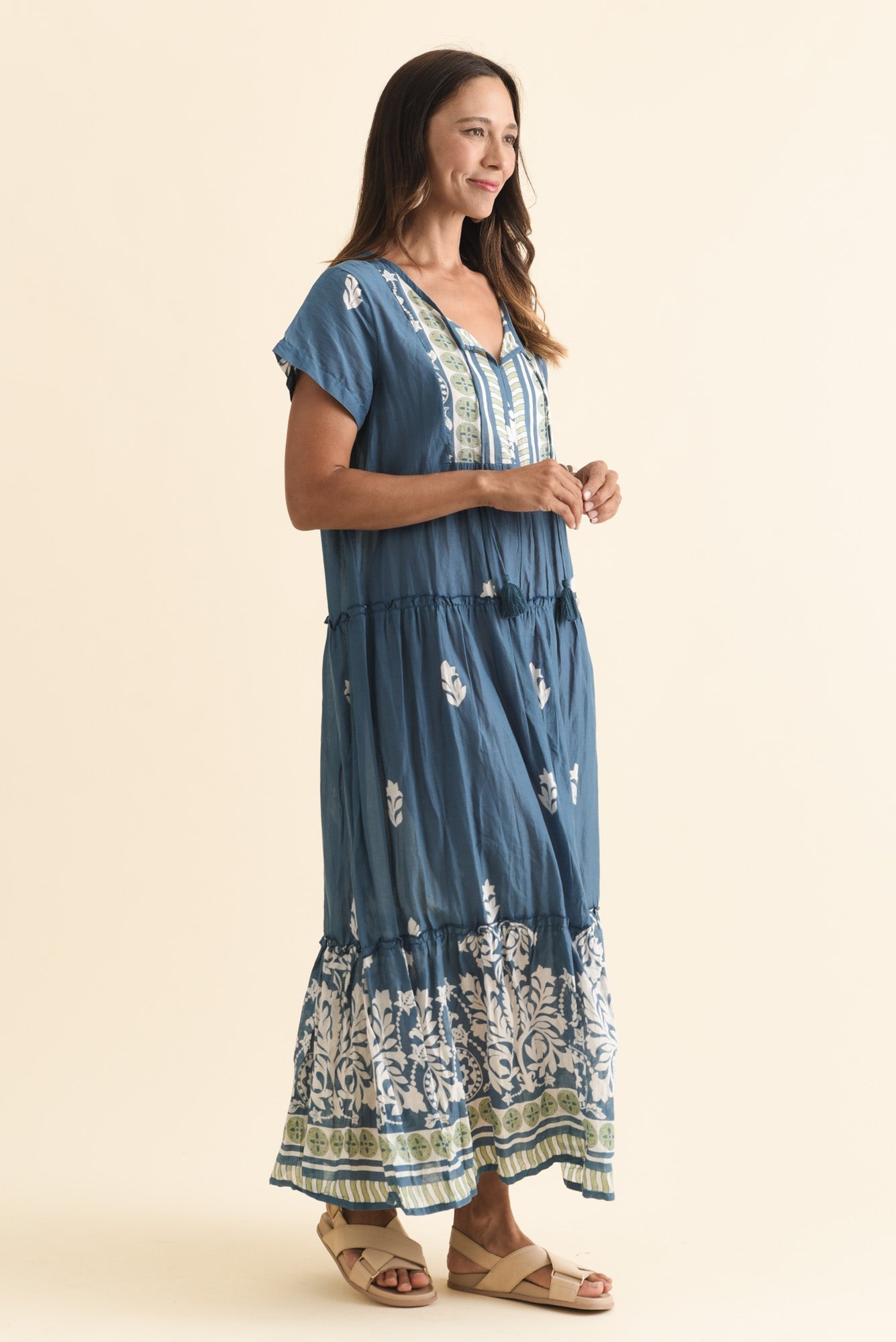 Nona Steel Abstract Crinkle Cotton Maxi Dress