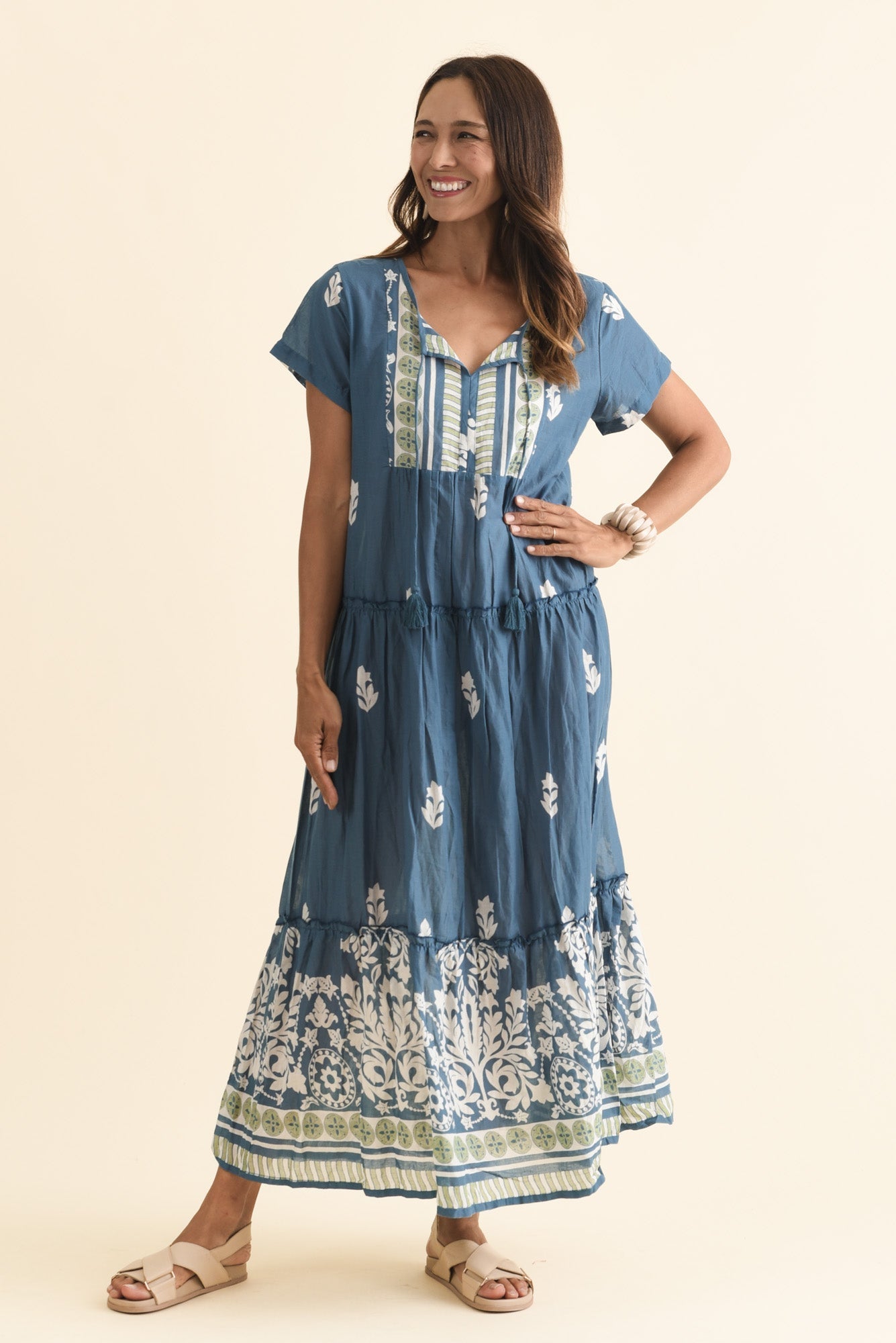 Nona Steel Abstract Crinkle Cotton Maxi Dress