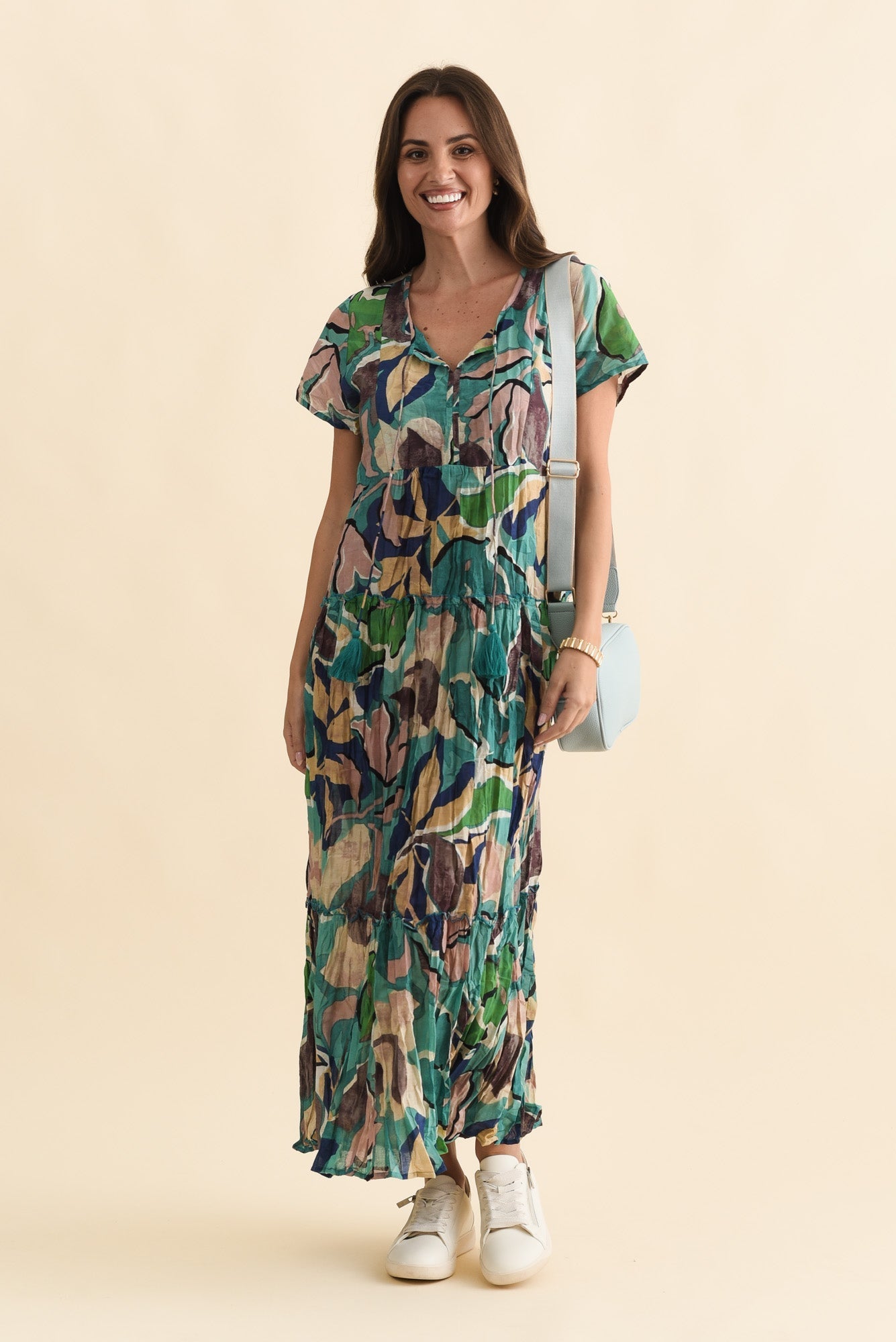 Nona Teal Foliage Crinkle Cotton Maxi Dress