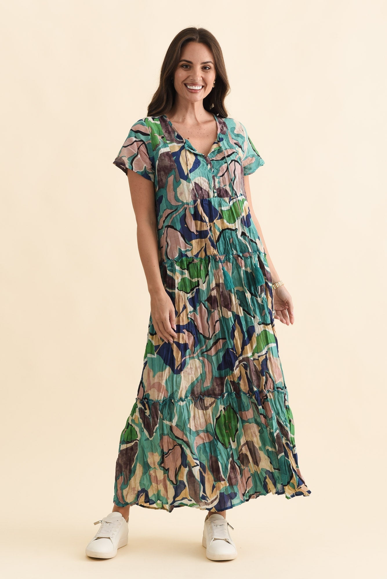 Nona Teal Foliage Crinkle Cotton Maxi Dress