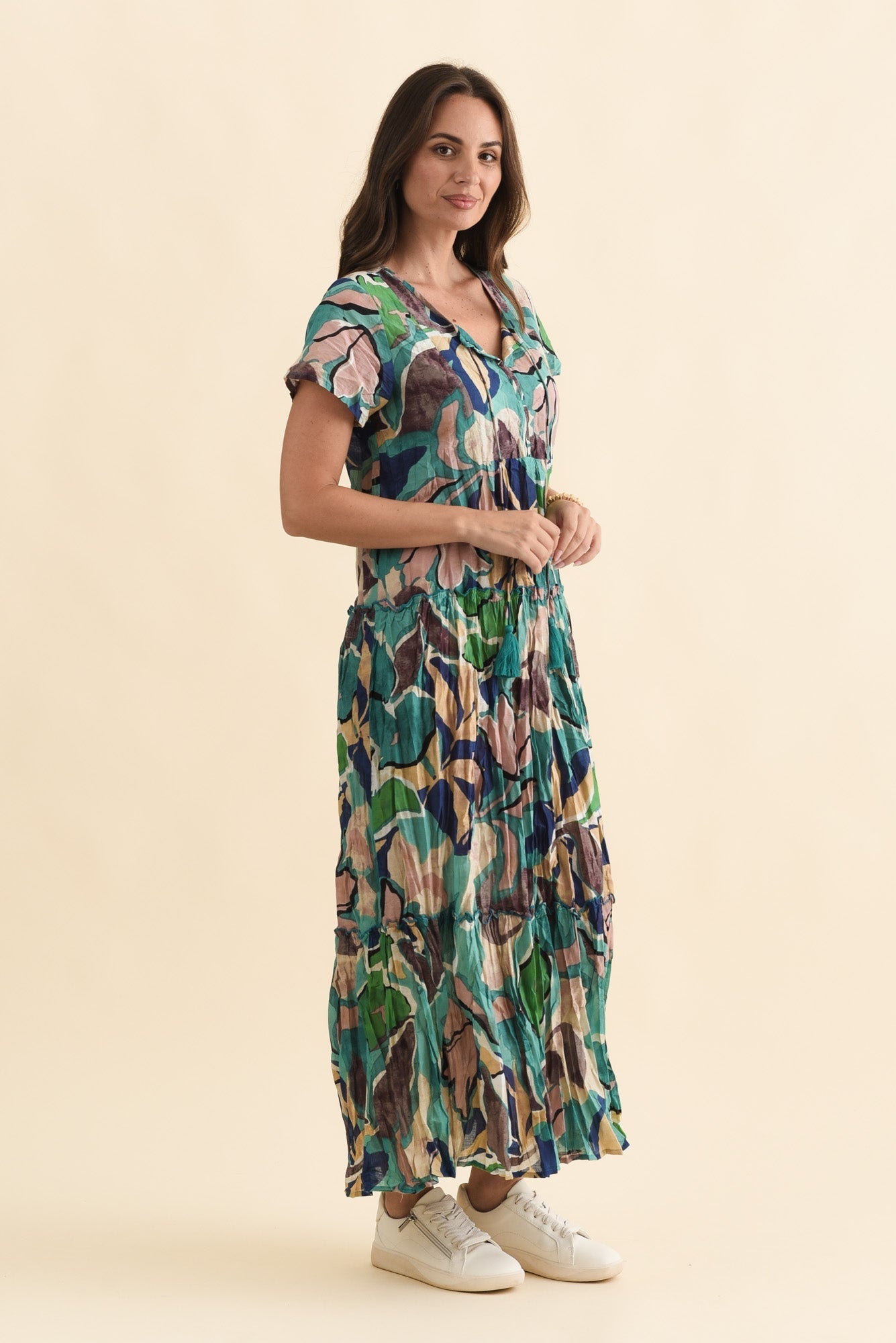 Nona Teal Foliage Crinkle Cotton Maxi Dress