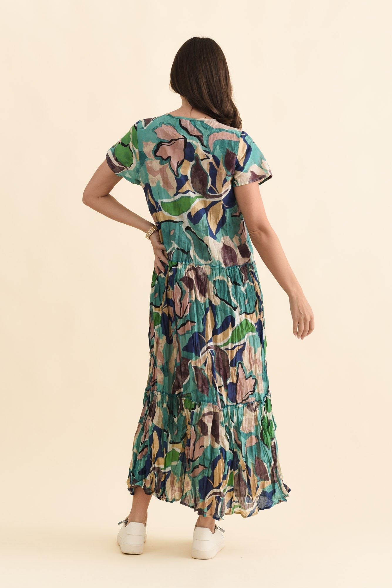 Nona Teal Foliage Crinkle Cotton Maxi Dress