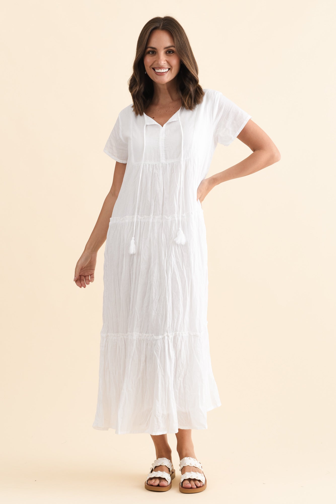 Nona White Crinkle Cotton Maxi Dress