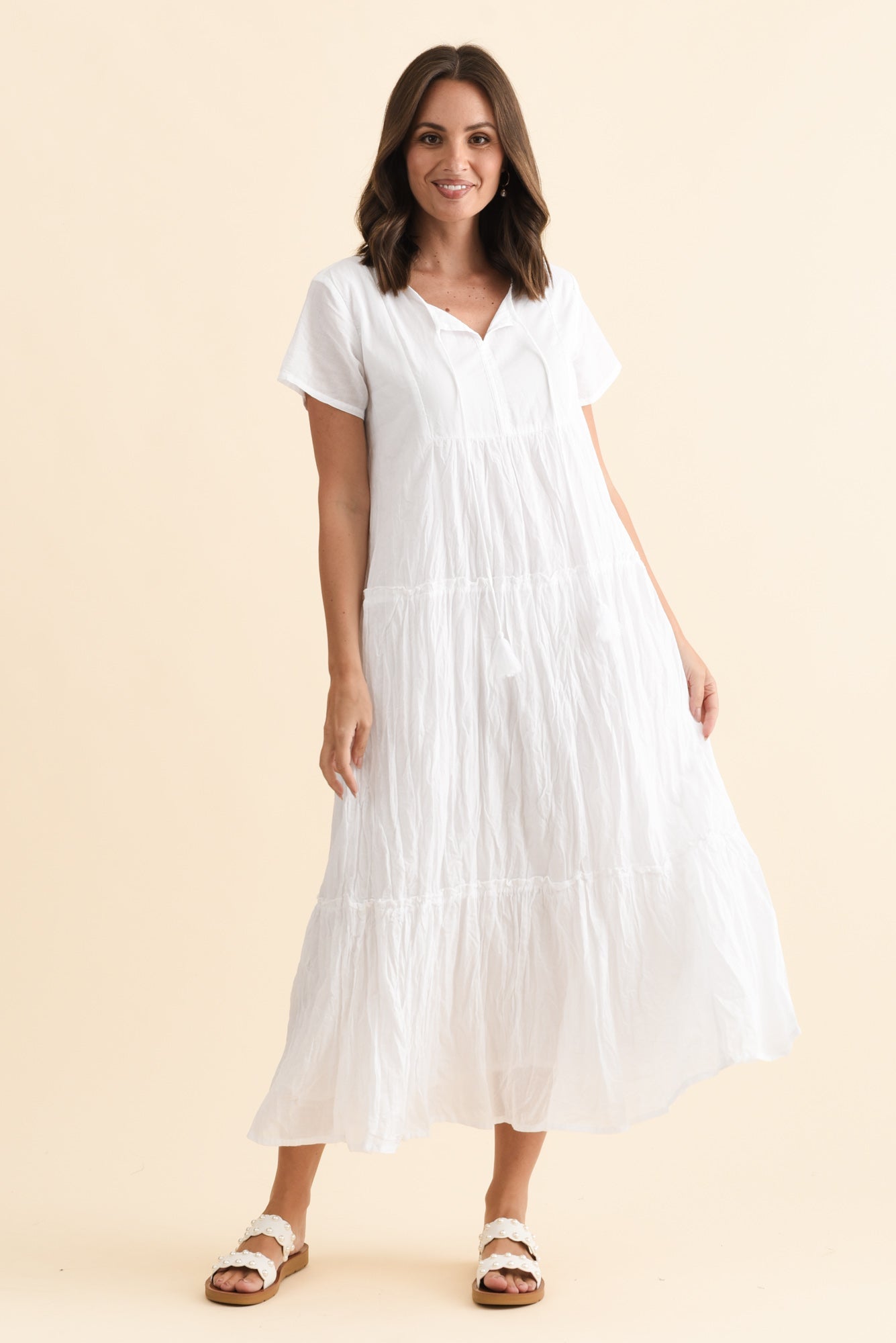 Nona White Crinkle Cotton Maxi Dress