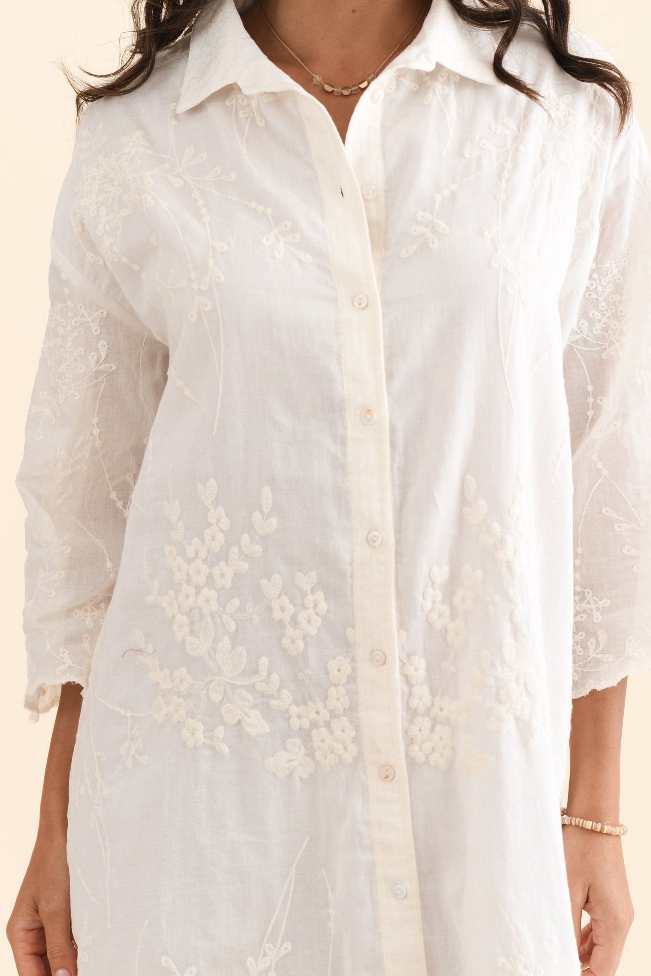 Offredo White Cotton Embroidered Shirt Dress
