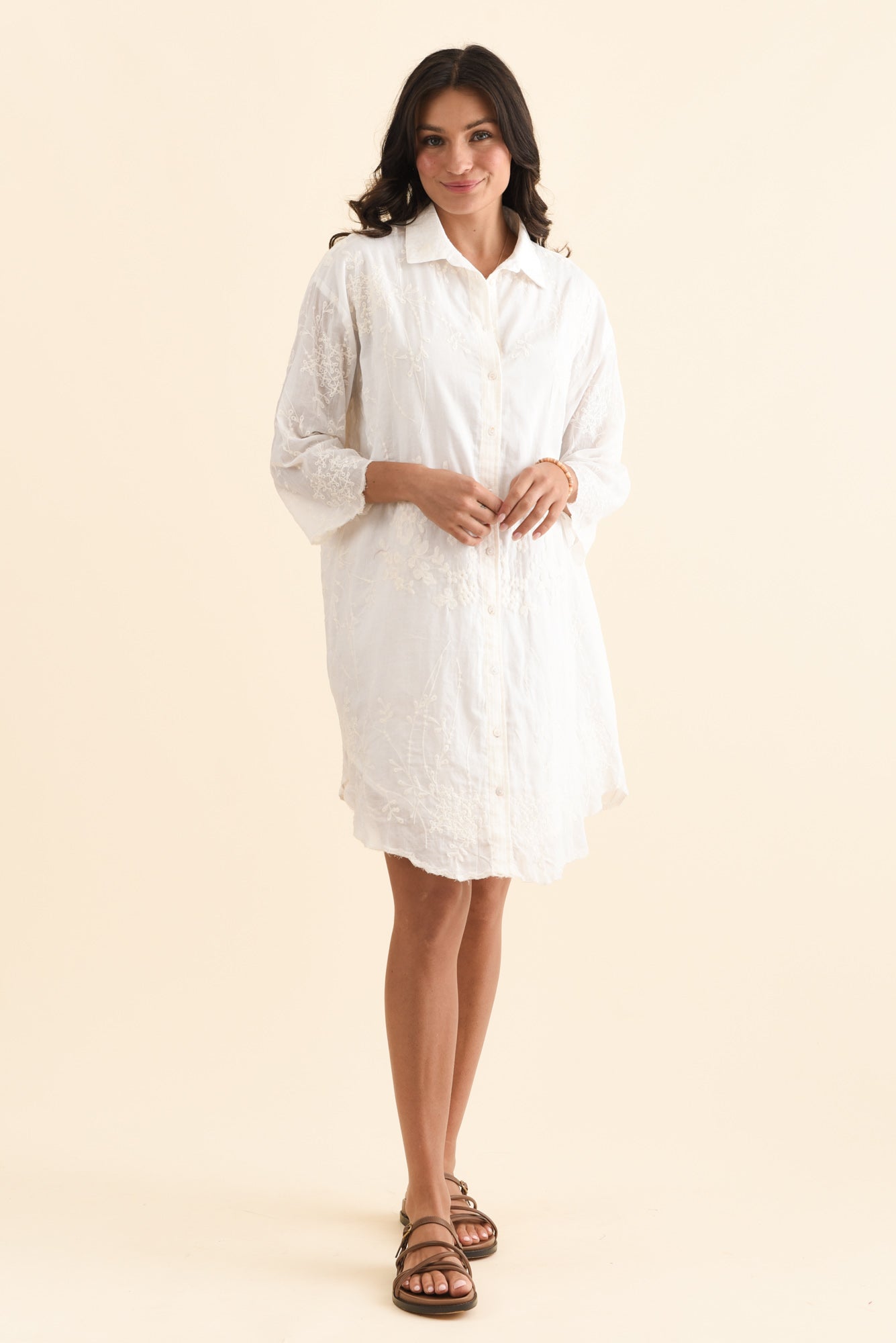Offredo White Cotton Embroidered Shirt Dress