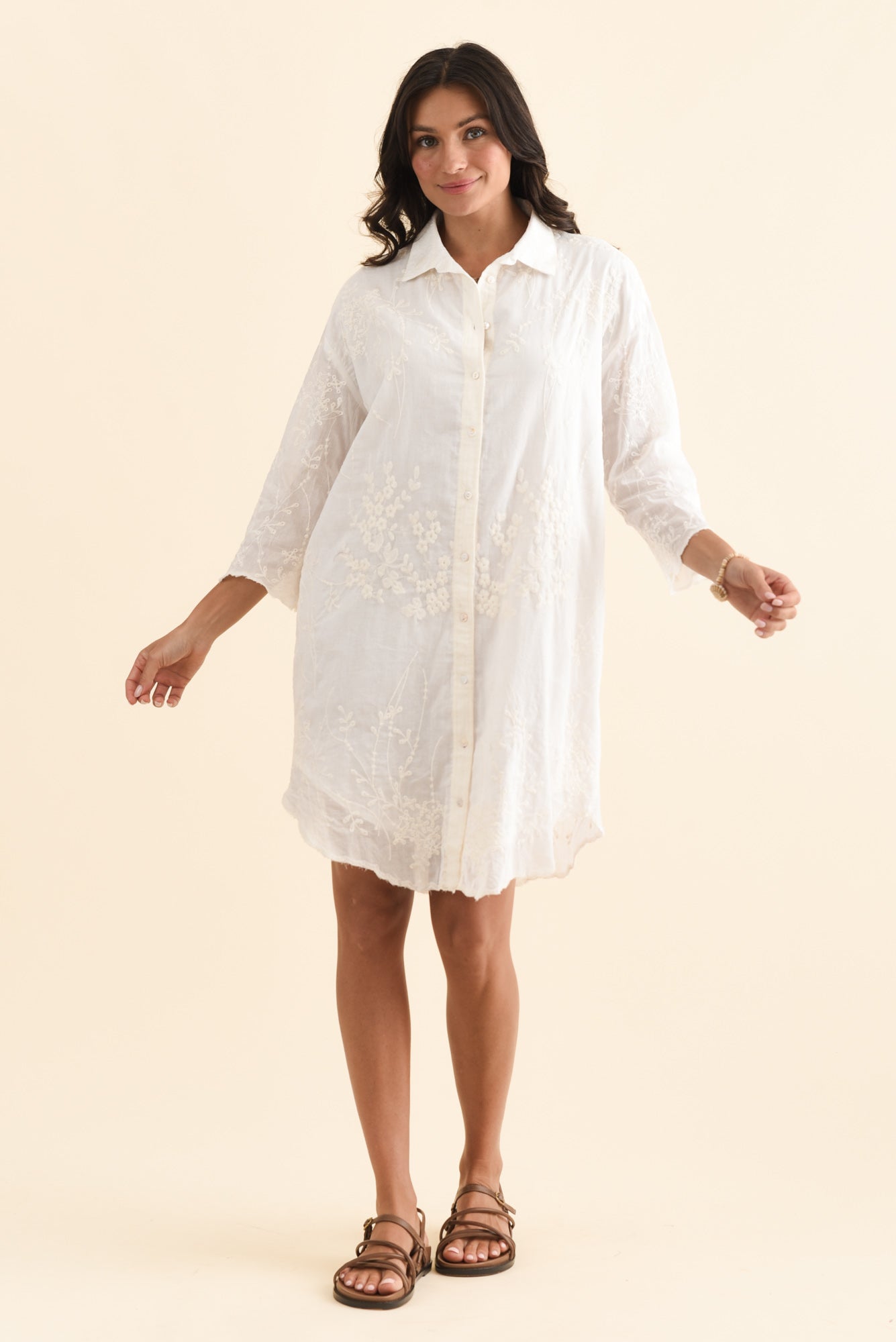 Offredo White Cotton Embroidered Shirt Dress