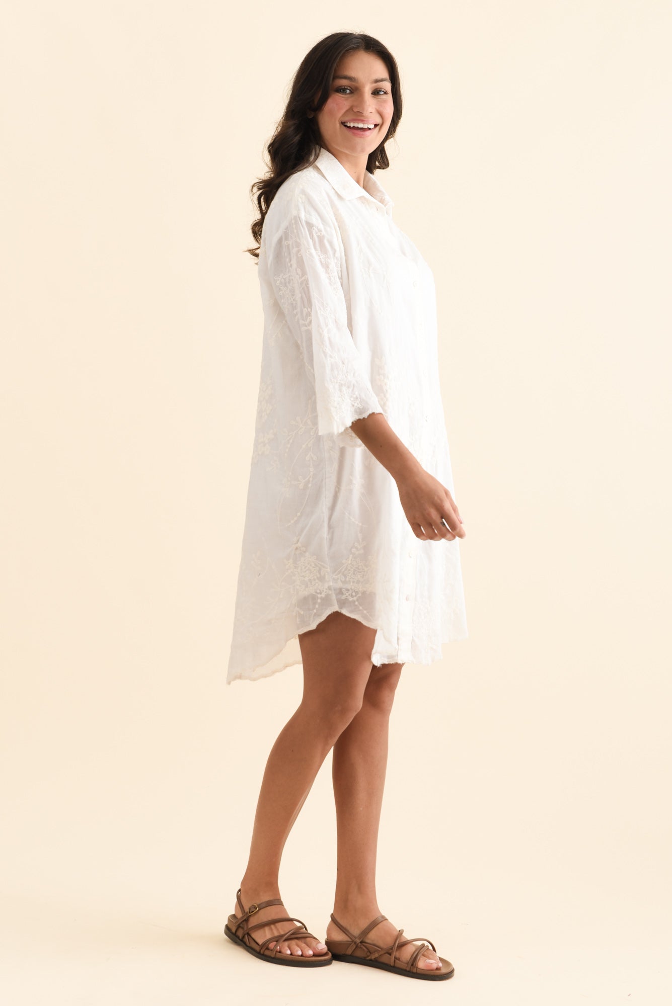 Offredo White Cotton Embroidered Shirt Dress