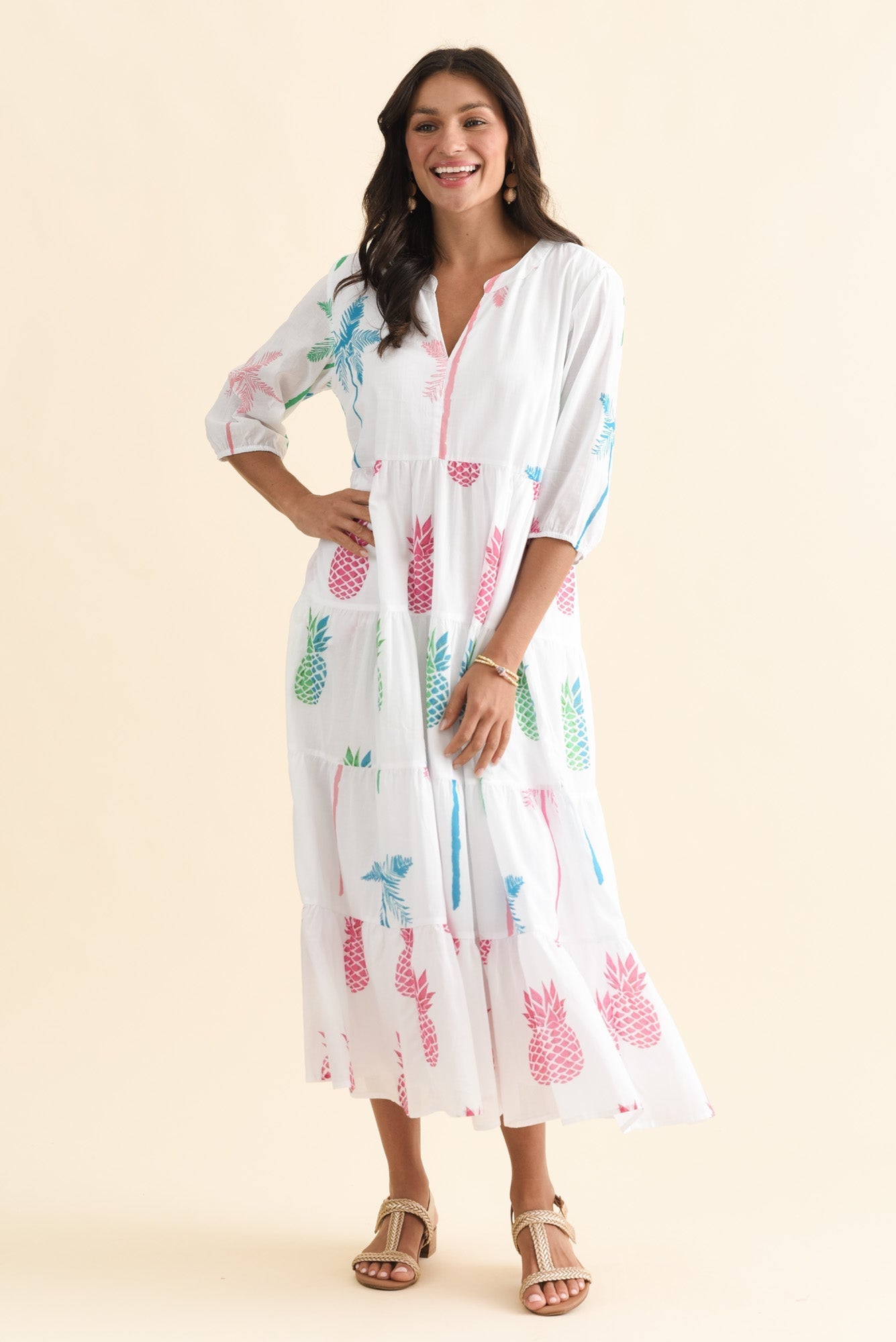 Oren White Tropical Cotton Tier Dress