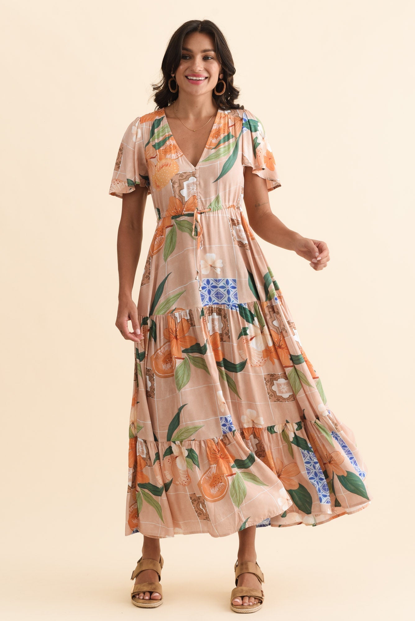 Orson Apricot Floral Tier Dress