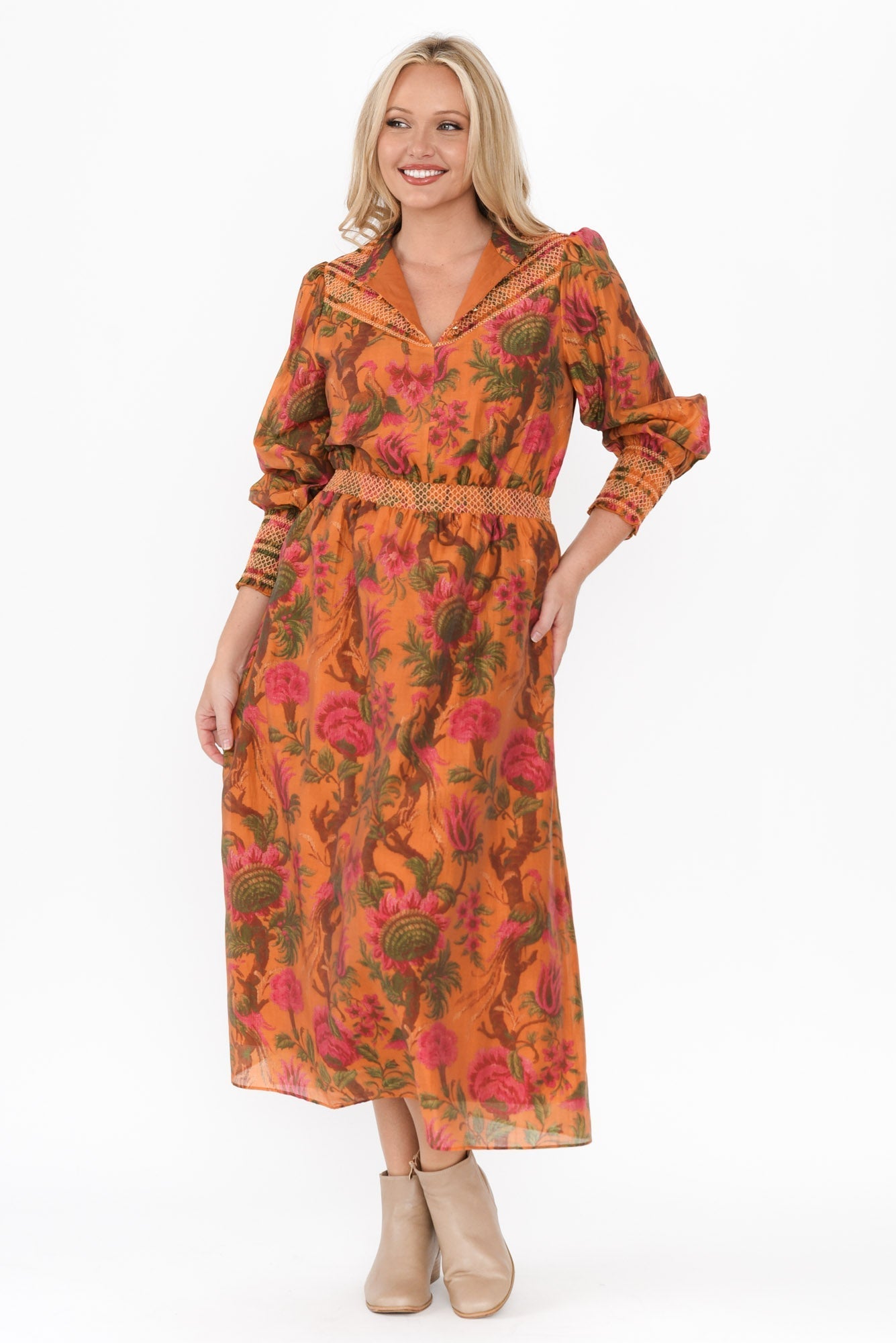 Panama Orange Floral Button Dress