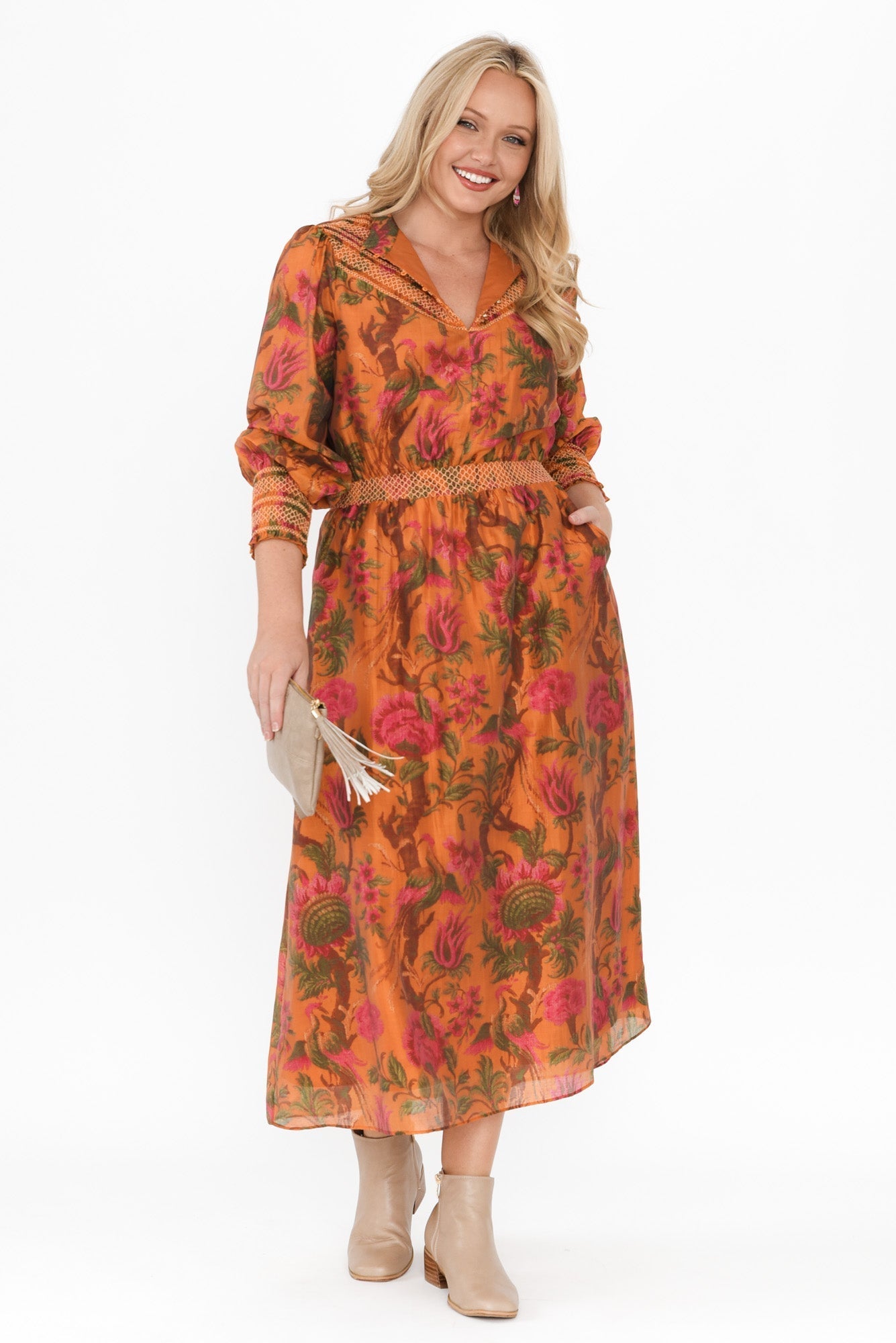 Panama Orange Floral Button Dress