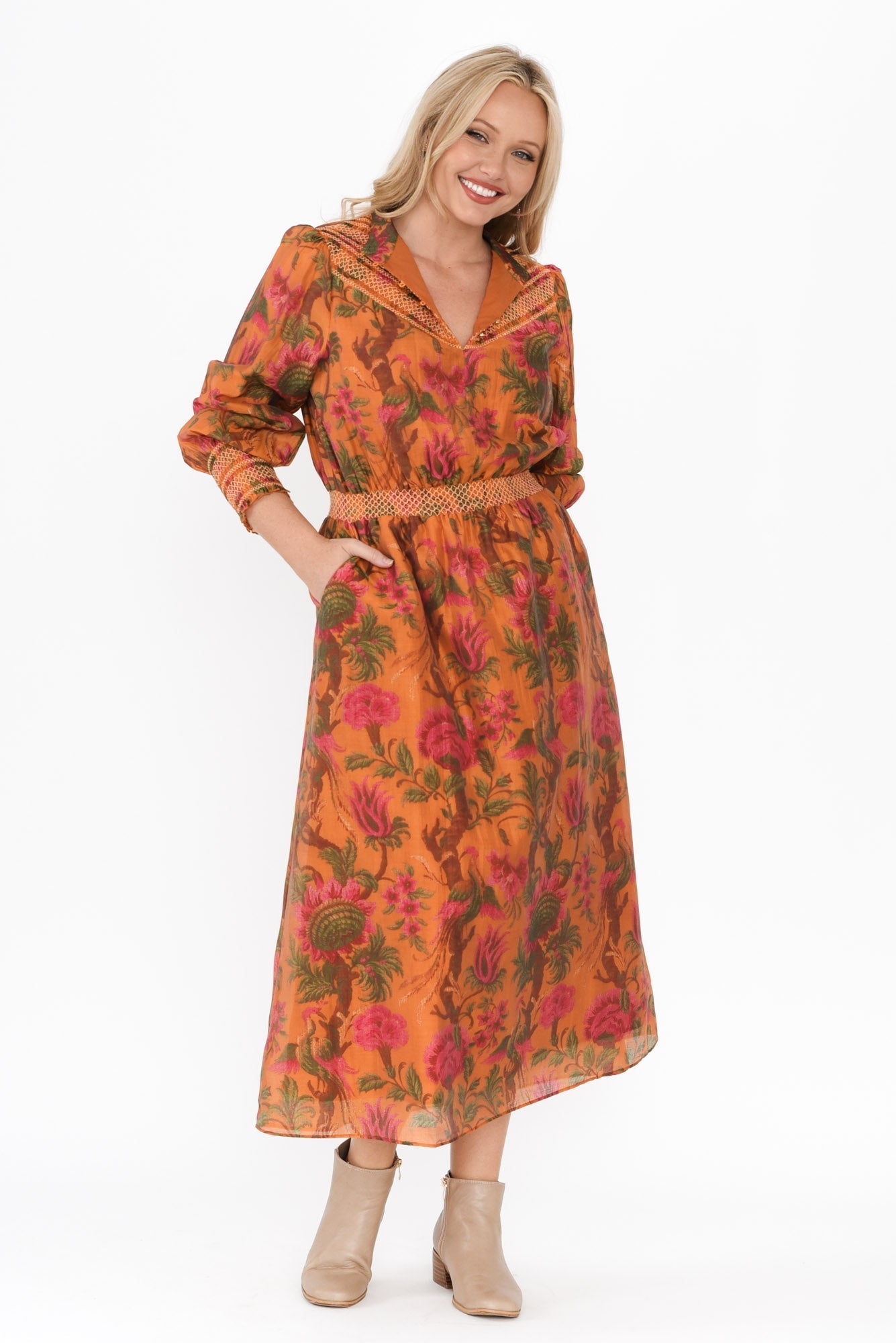 Panama Orange Floral Button Dress