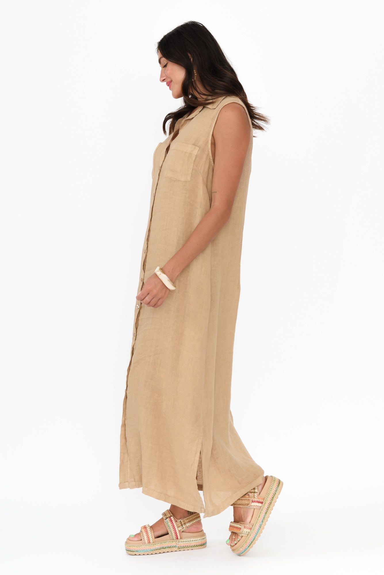 Perla Mocha Linen Button Dress