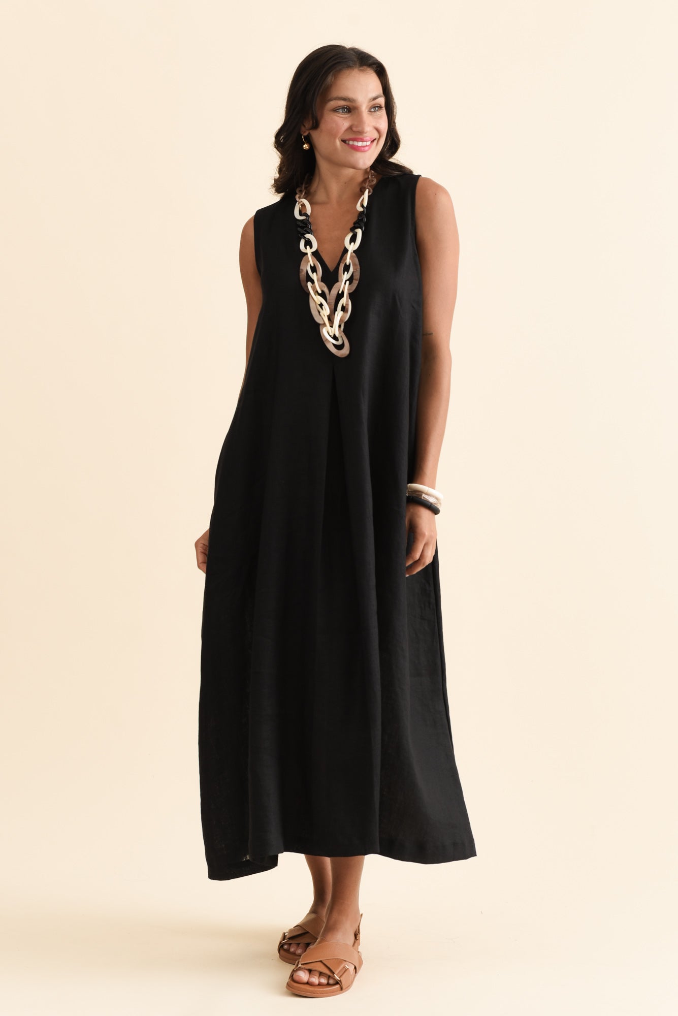 Phoebe Black Linen Midi Dress