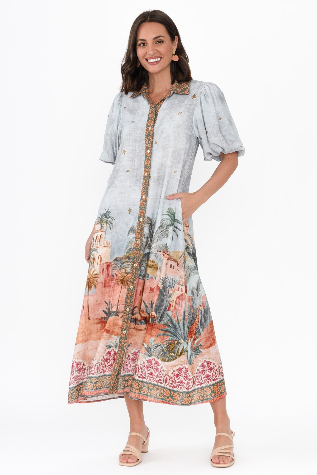 Piper Blue Palm Shirt Dress