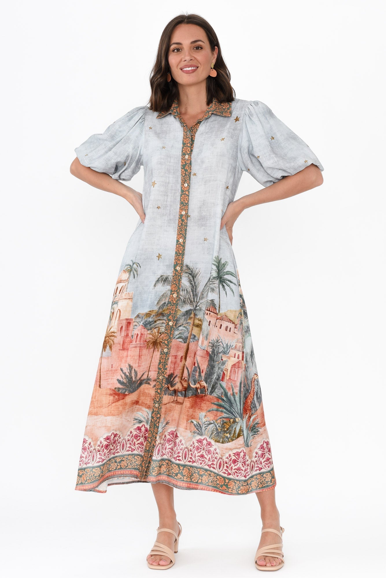 Piper Blue Palm Shirt Dress