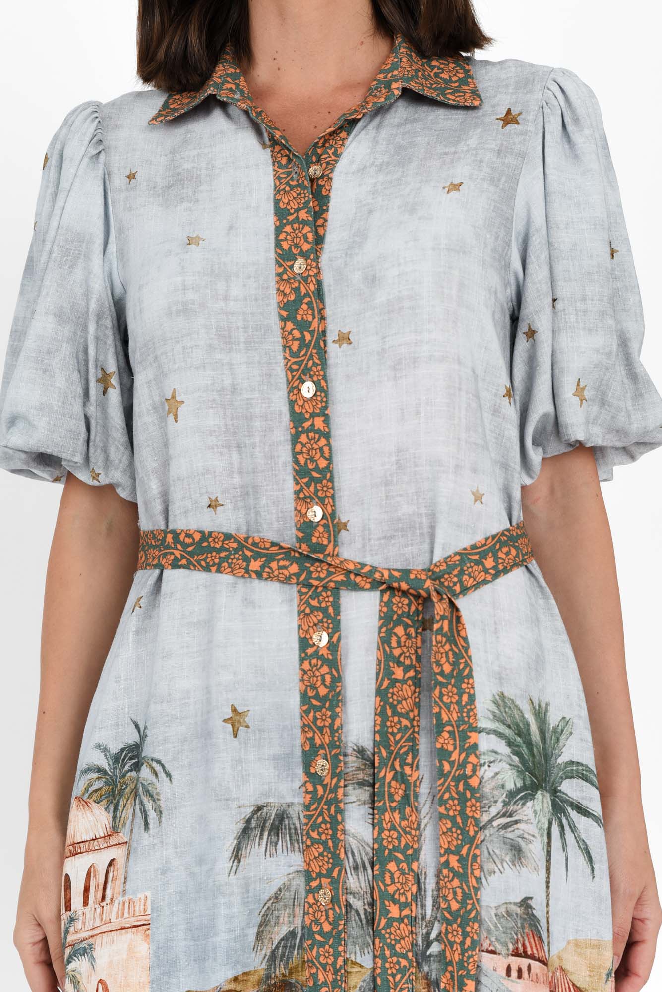Piper Blue Palm Shirt Dress