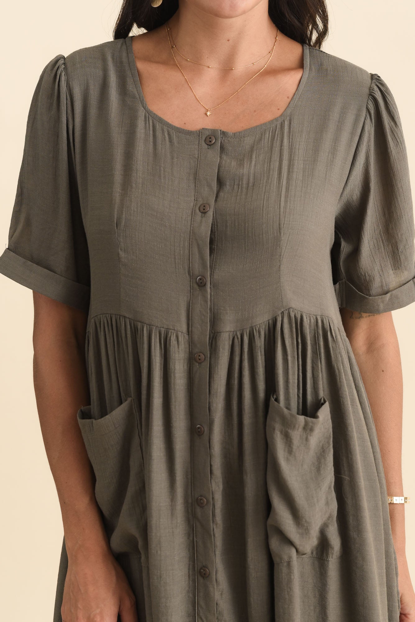 Rayna Khaki Button Dress