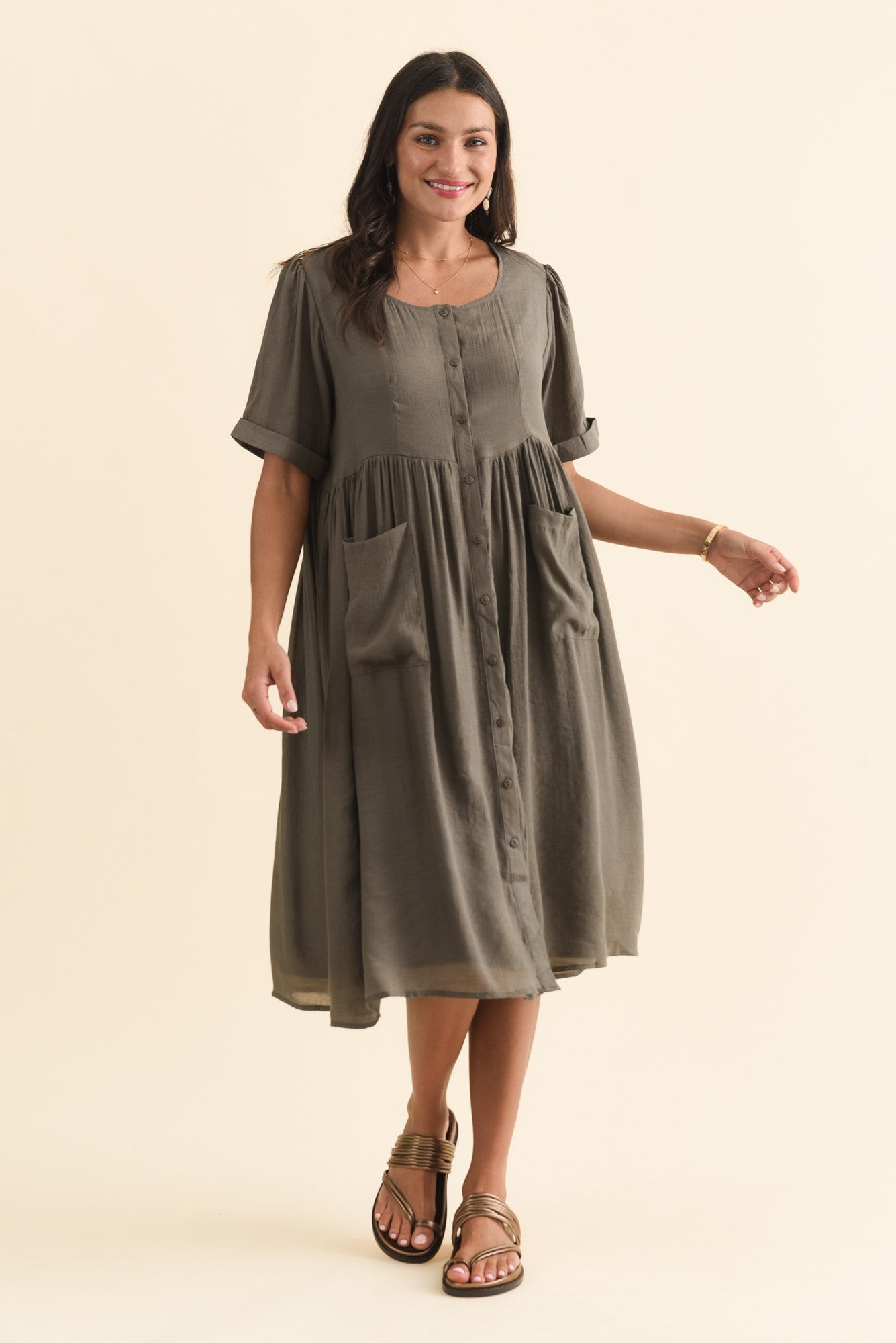 Rayna Khaki Button Dress