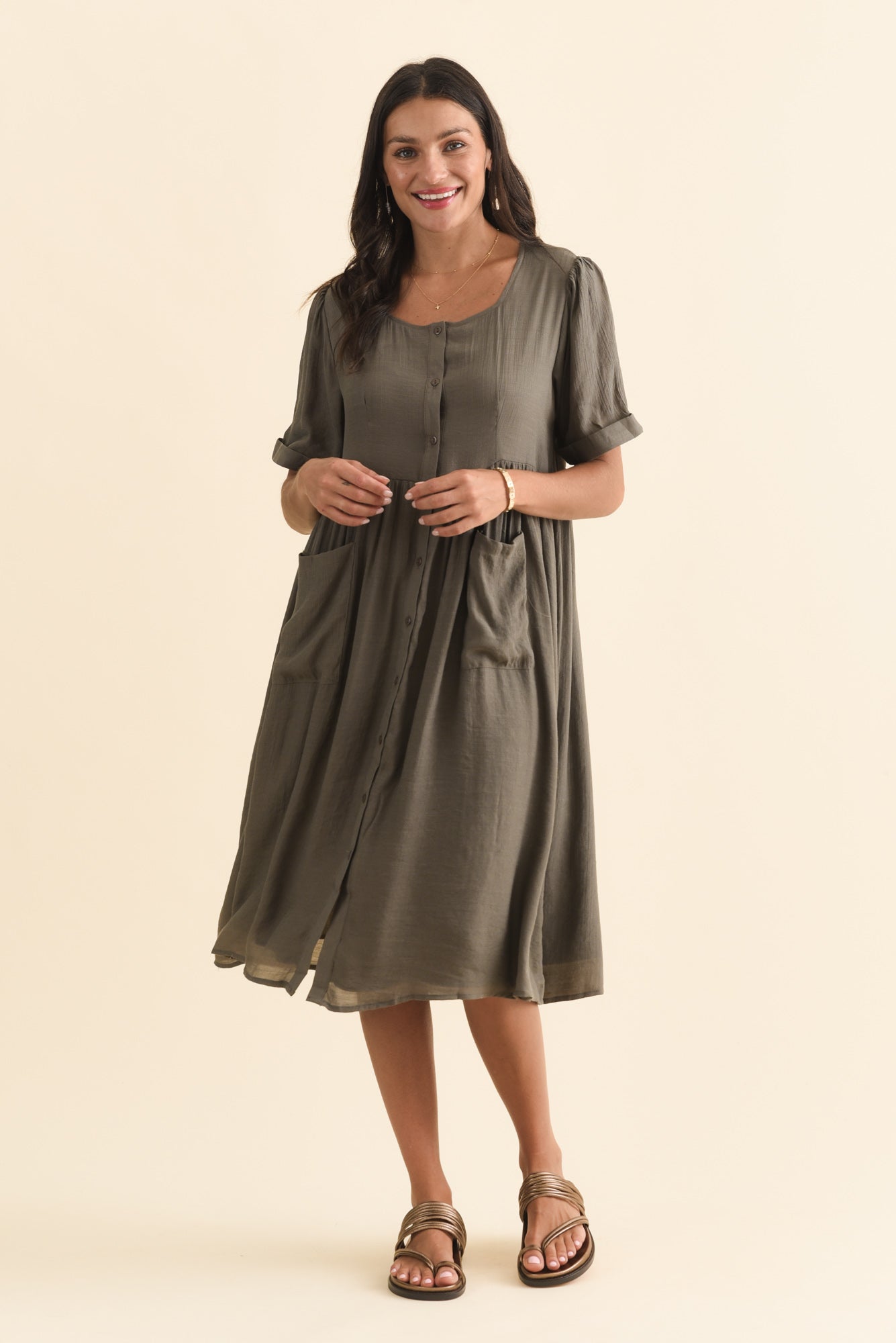 Rayna Khaki Button Dress