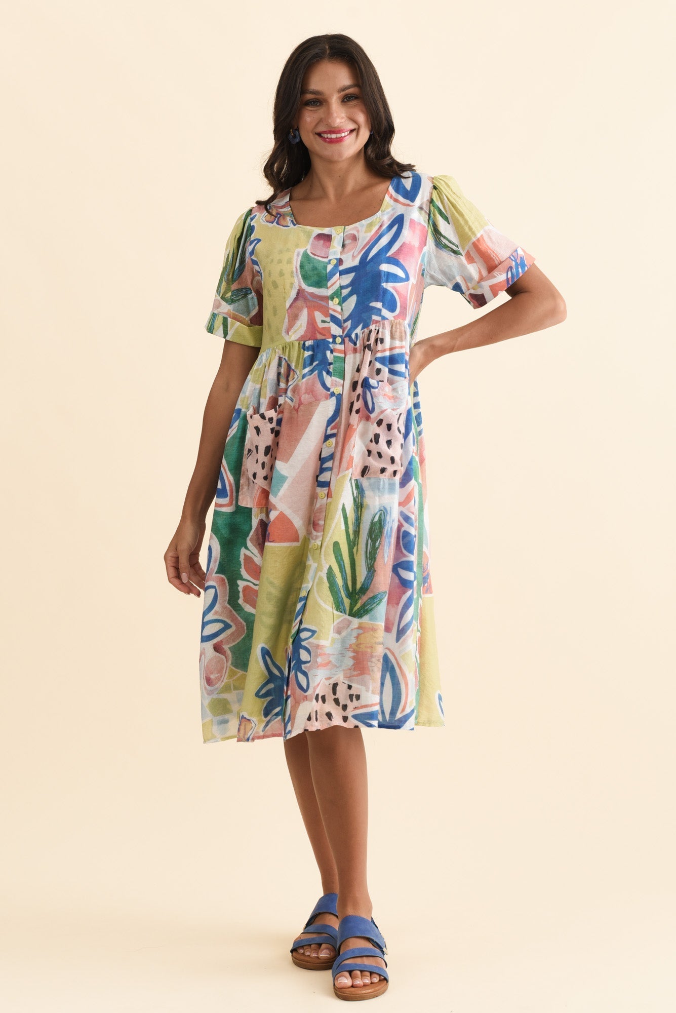 Rayna Blue Flower Button Dress