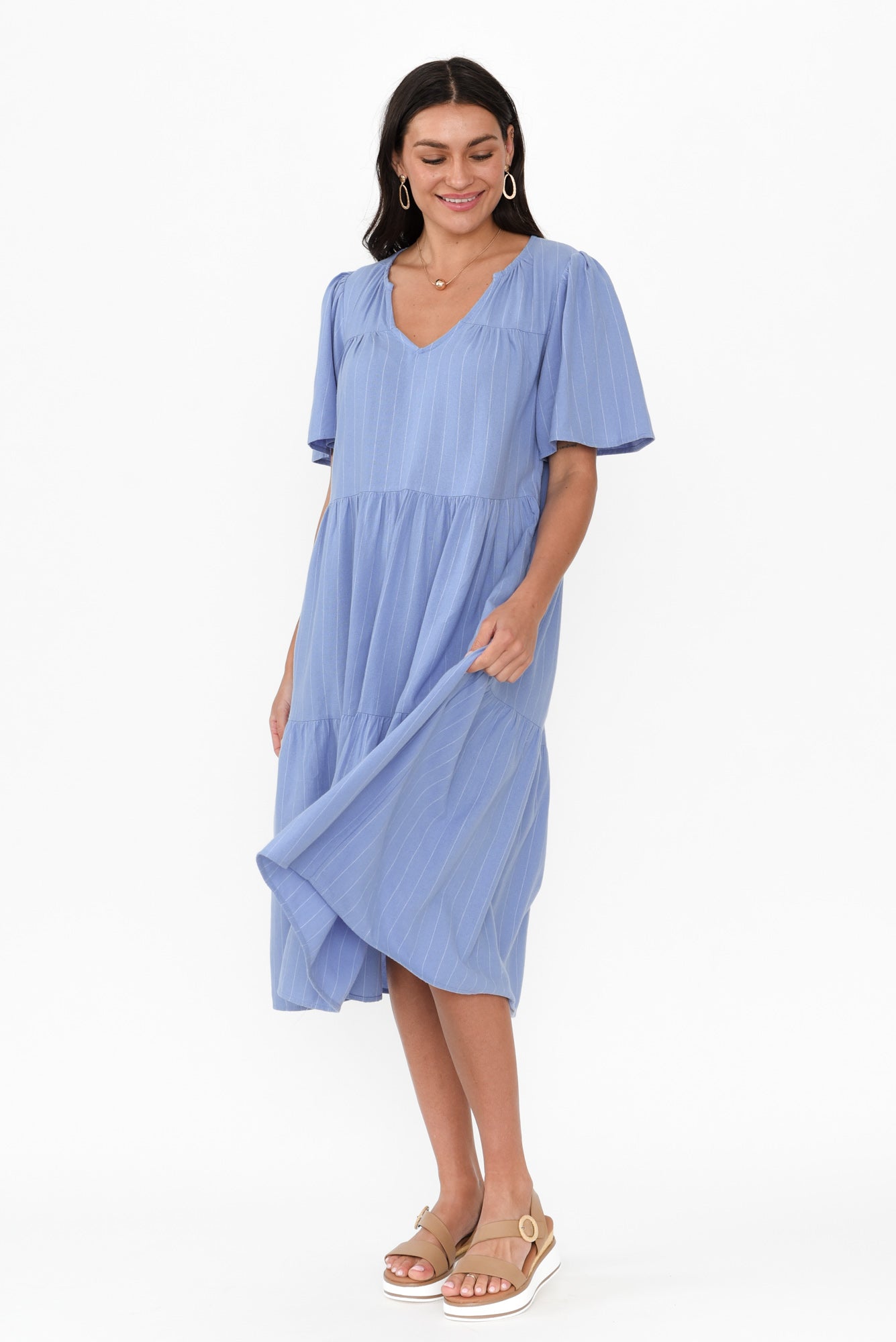Regina Blue Linen Blend Tier Dress