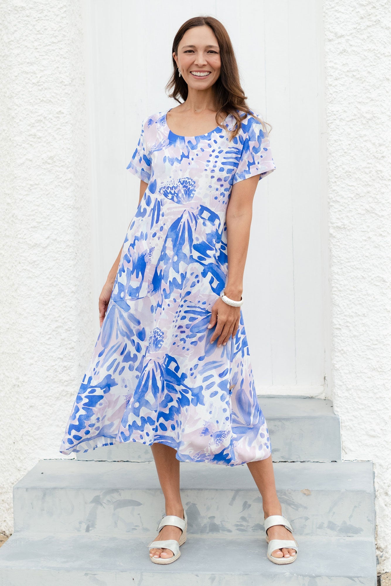 Lula Cobalt Abstract Linen Cotton Dress