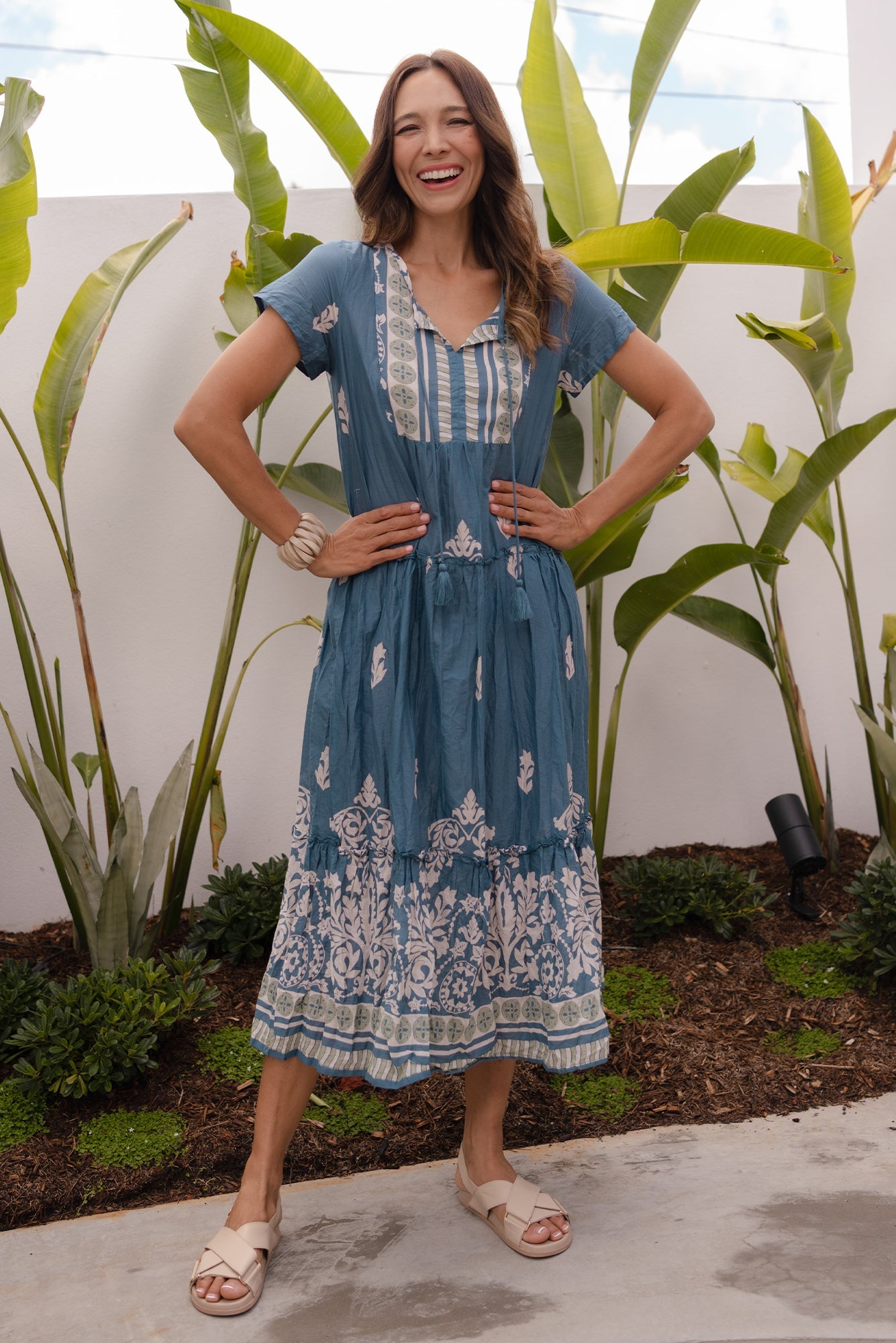 Nona Steel Abstract Crinkle Cotton Maxi Dress