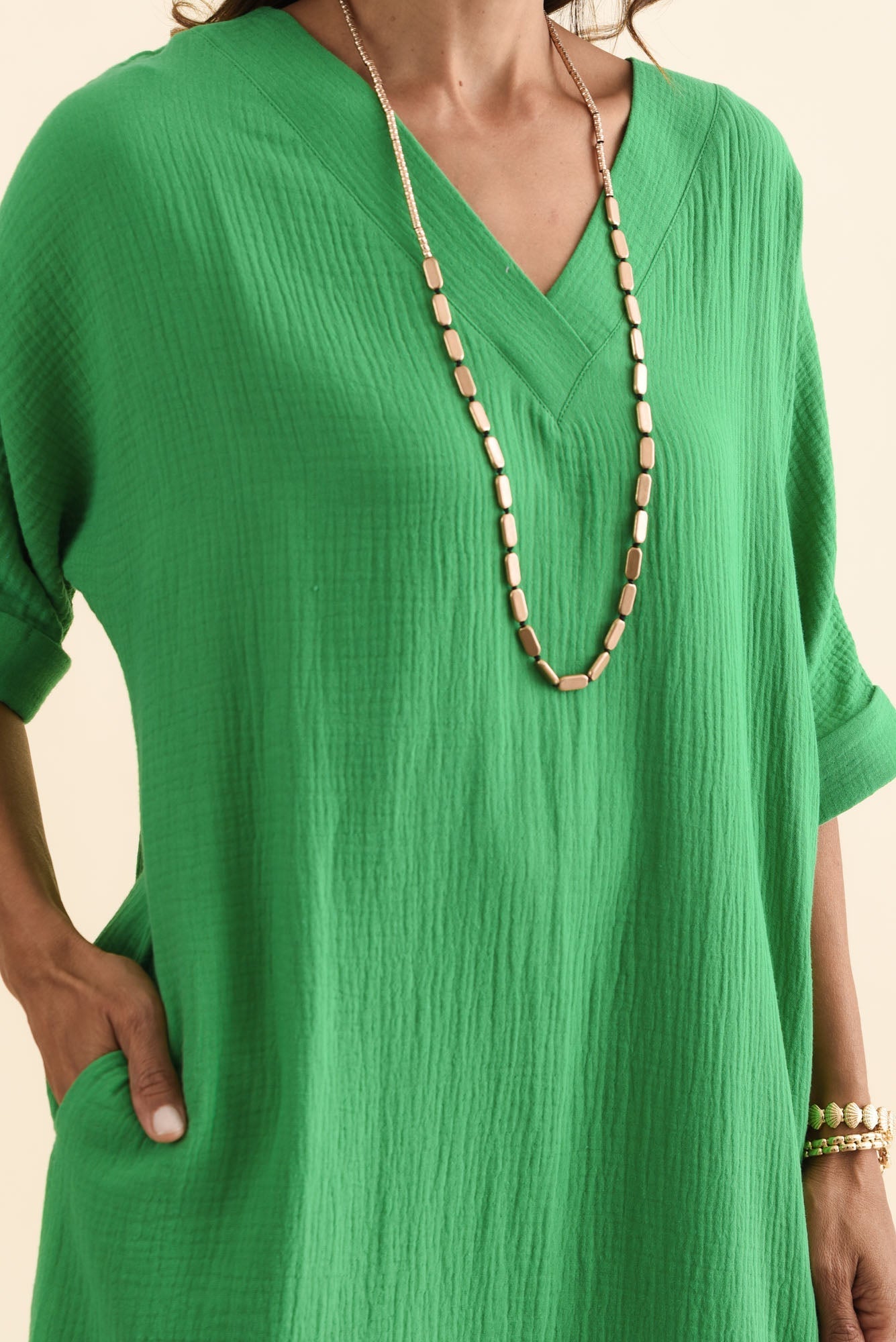 Roma Green Cotton Cheesecloth Dress