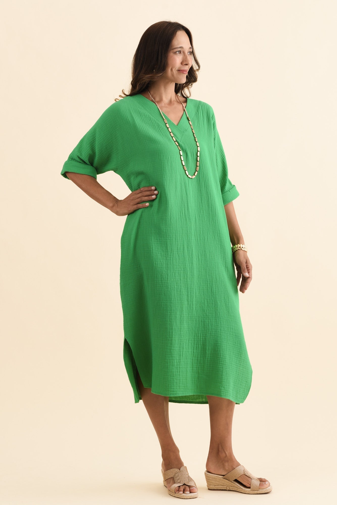 Roma Green Cotton Cheesecloth Dress