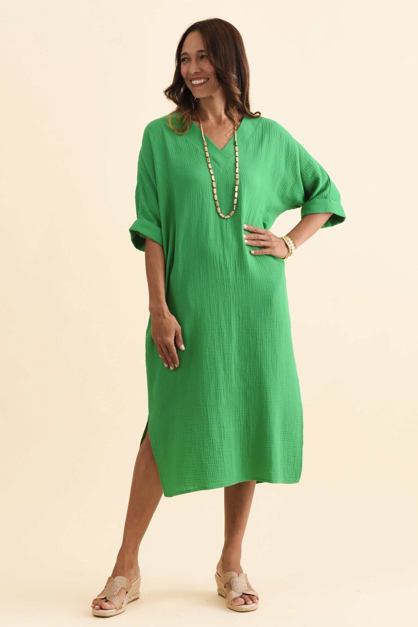 Roma Green Cotton Cheesecloth Dress