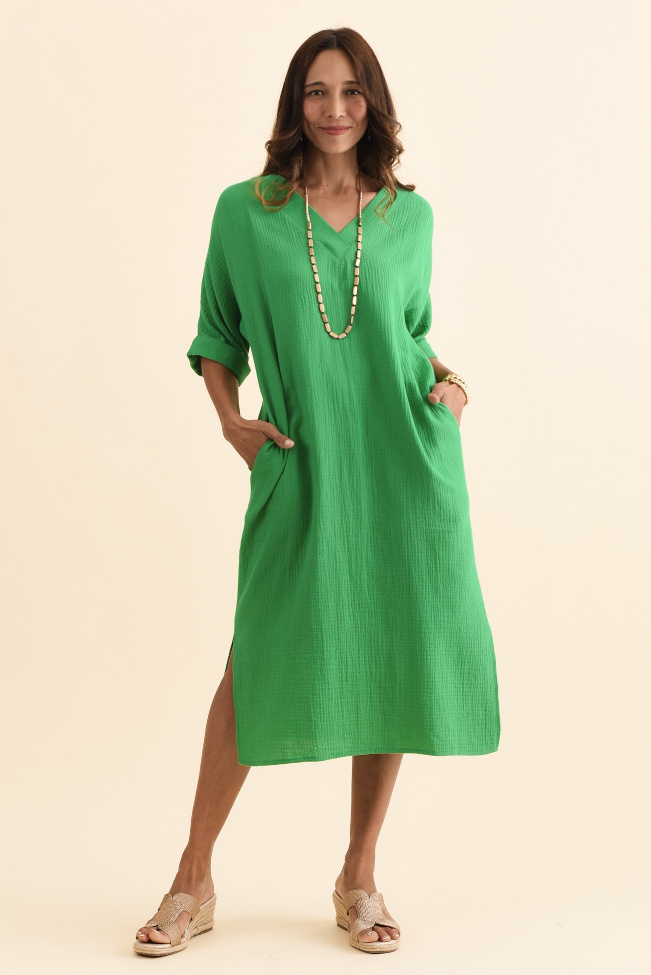 Roma Green Cotton Cheesecloth Dress