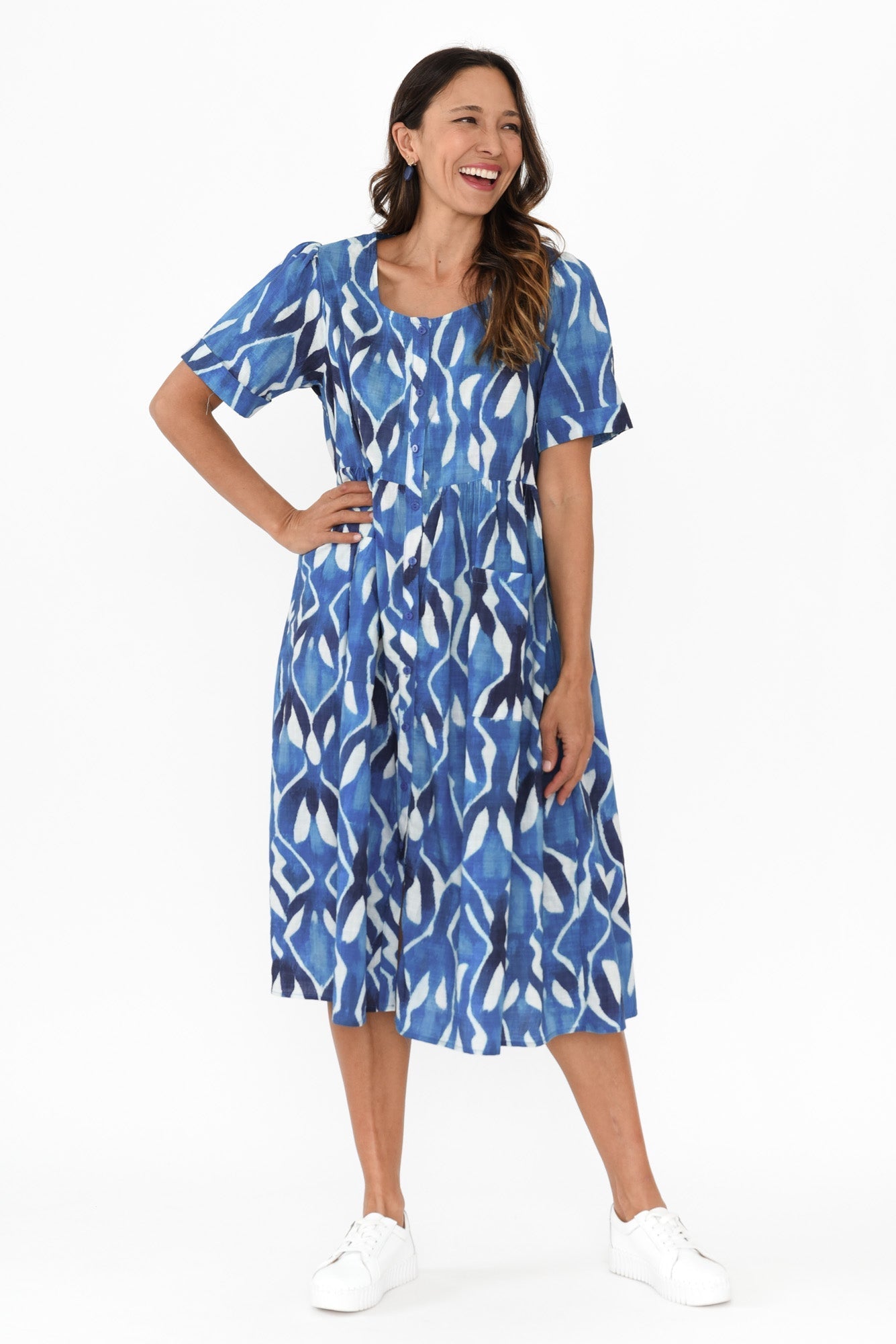 Rory Blue Abstract Cotton Button Dress