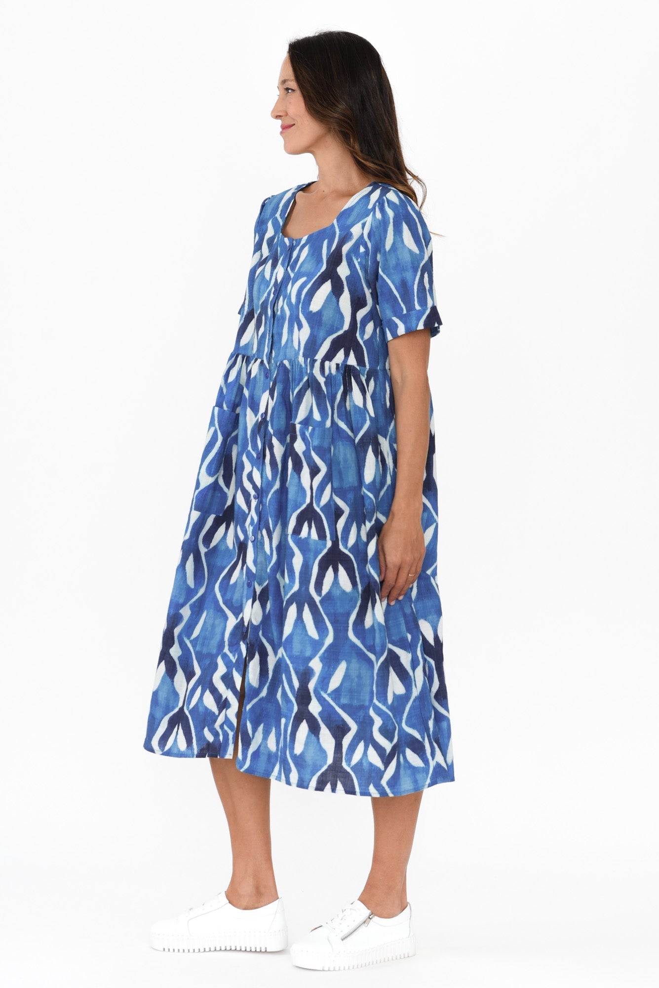 Rory Blue Abstract Cotton Button Dress