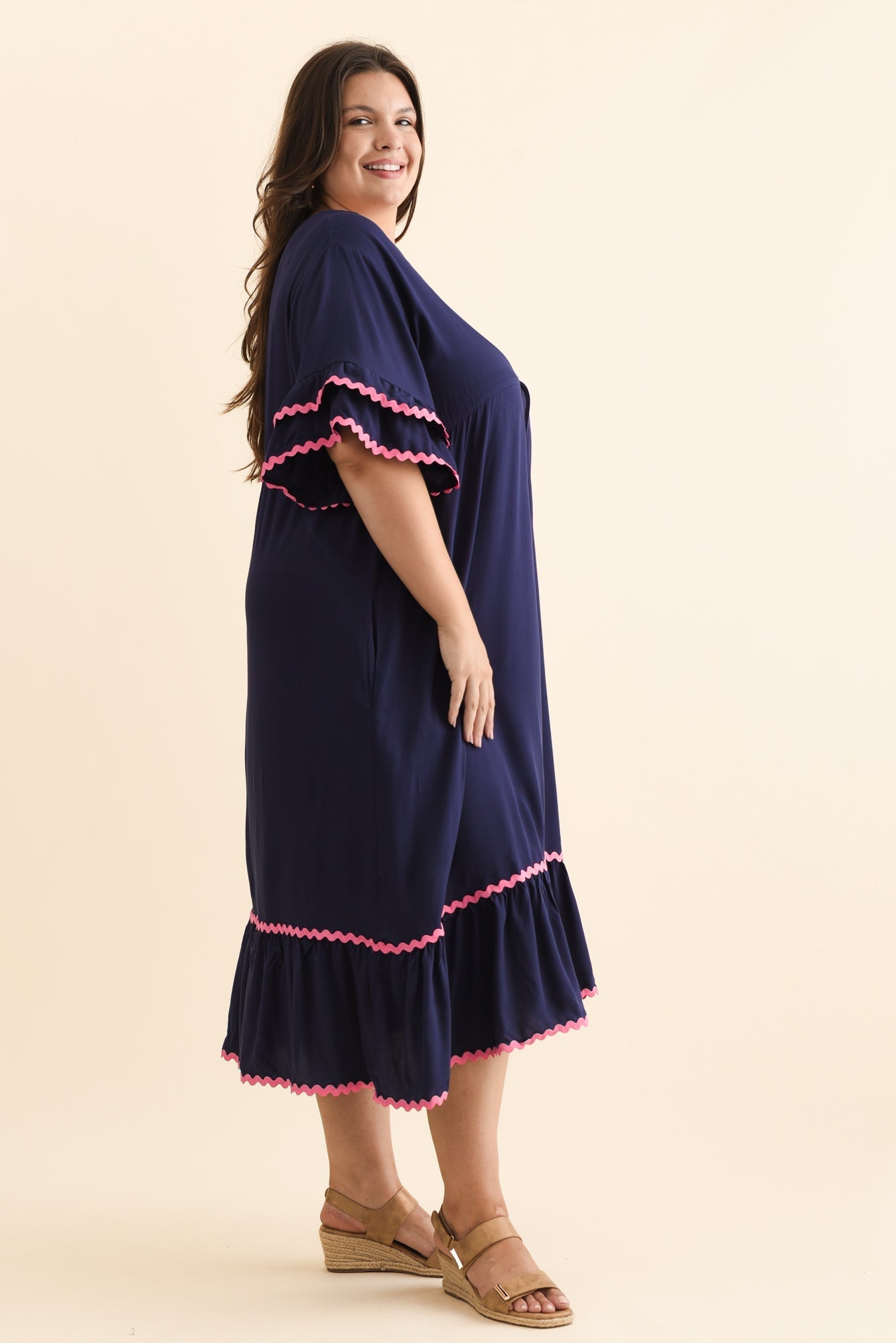 Rosemarie Navy Contrast Frill Dress
