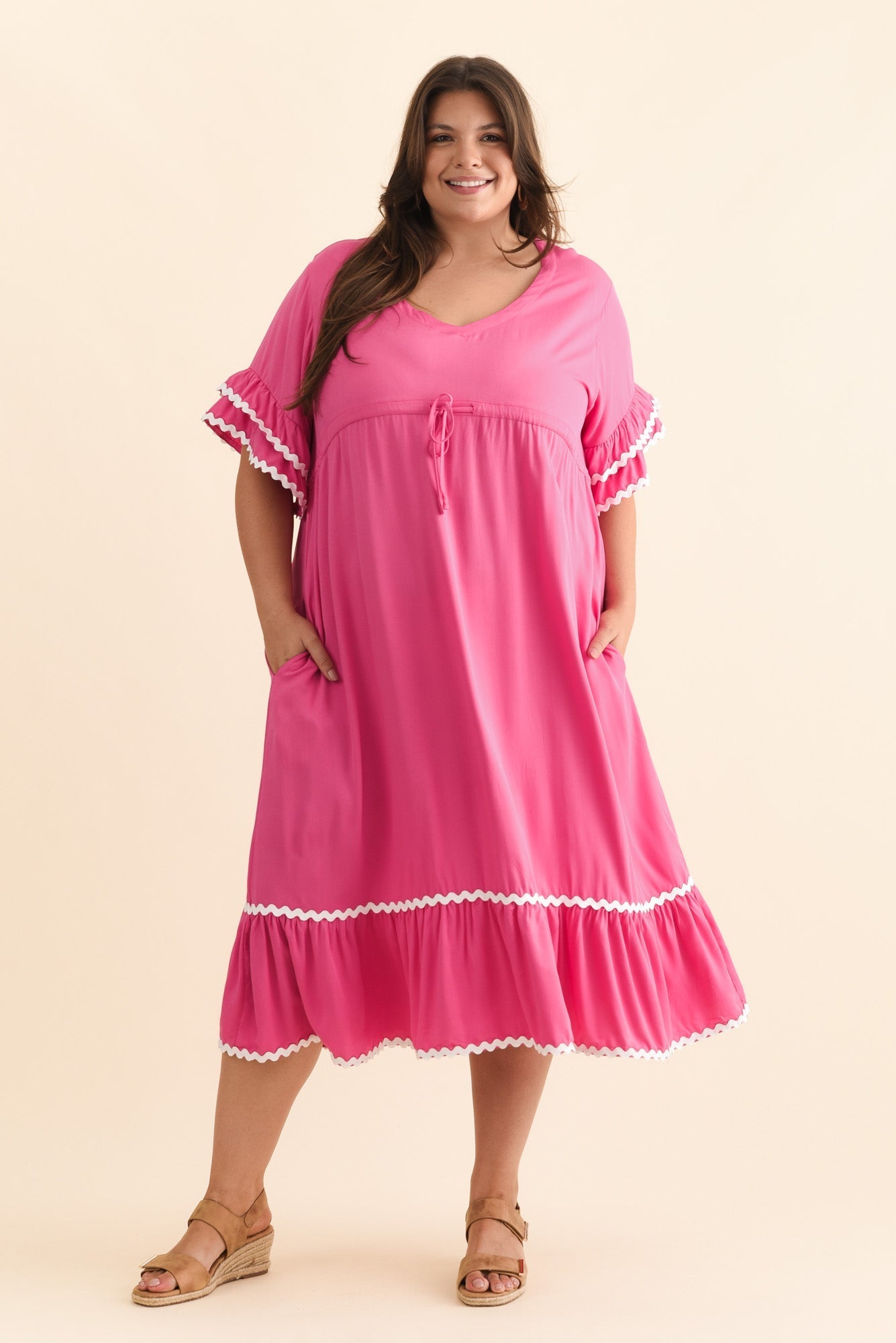 Rosemarie Pink Contrast Frill Dress
