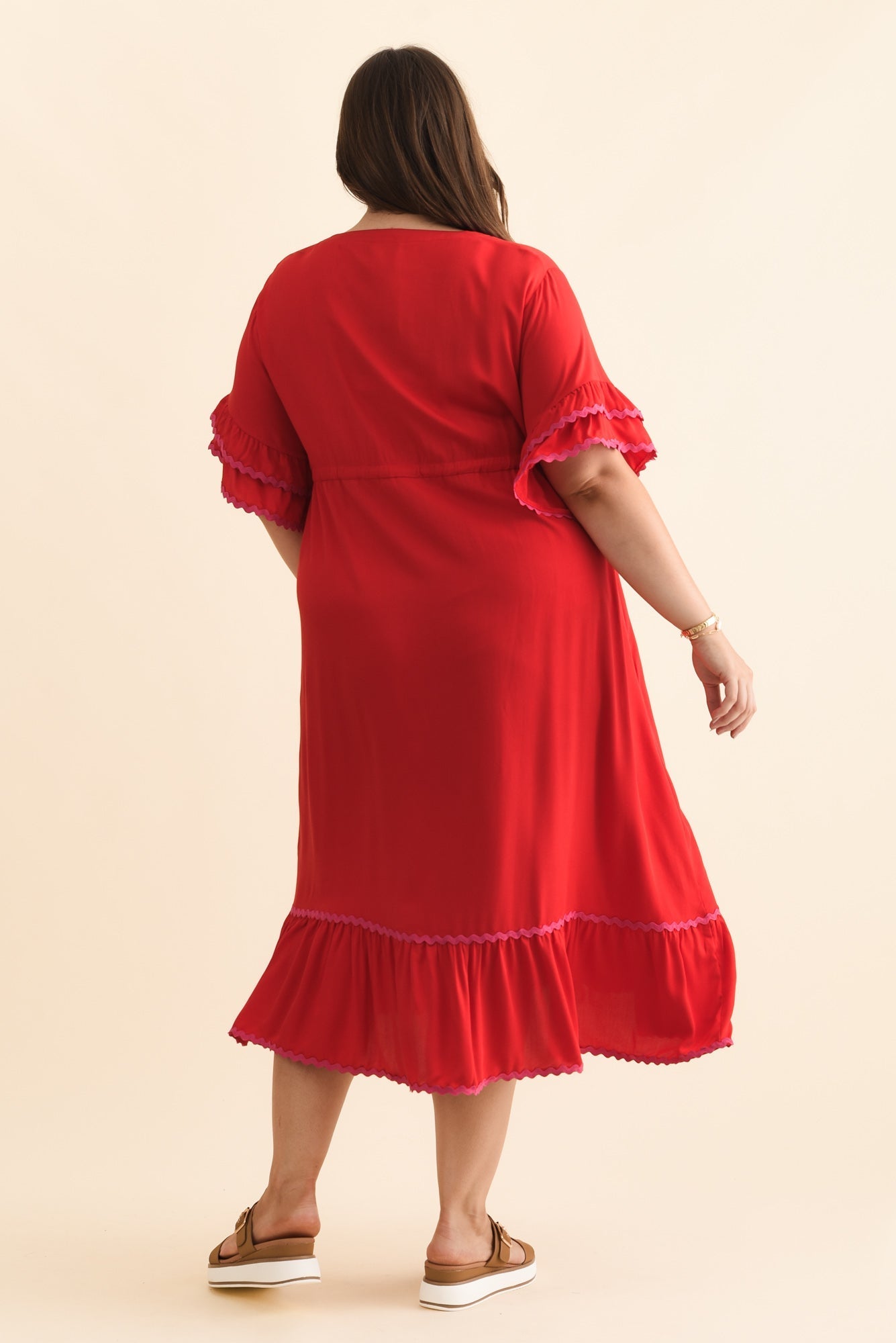 Rosemarie Red Contrast Frill Dress