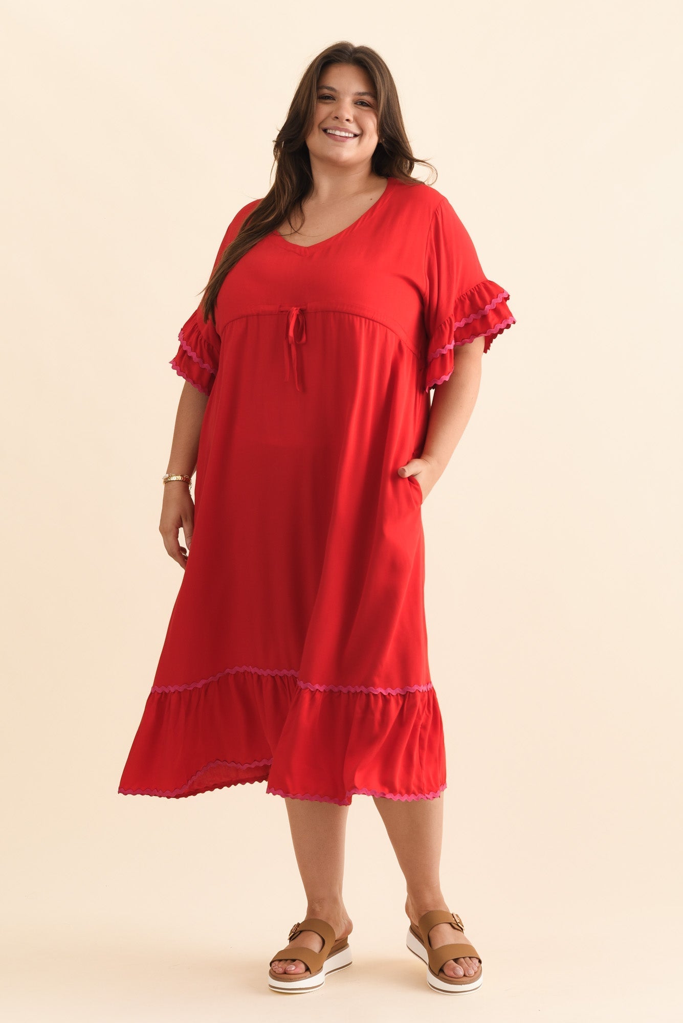 Rosemarie Red Contrast Frill Dress