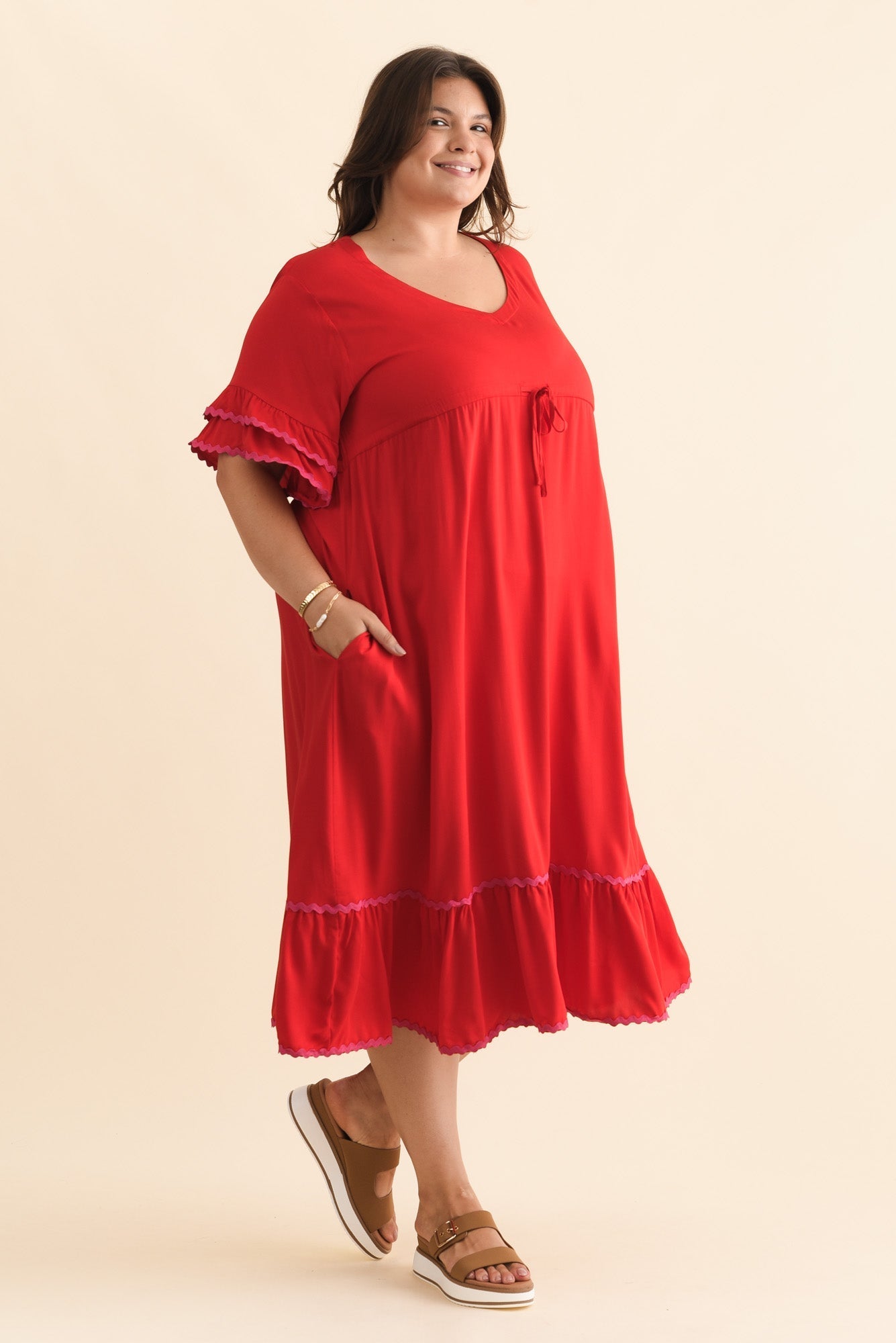 Rosemarie Red Contrast Frill Dress